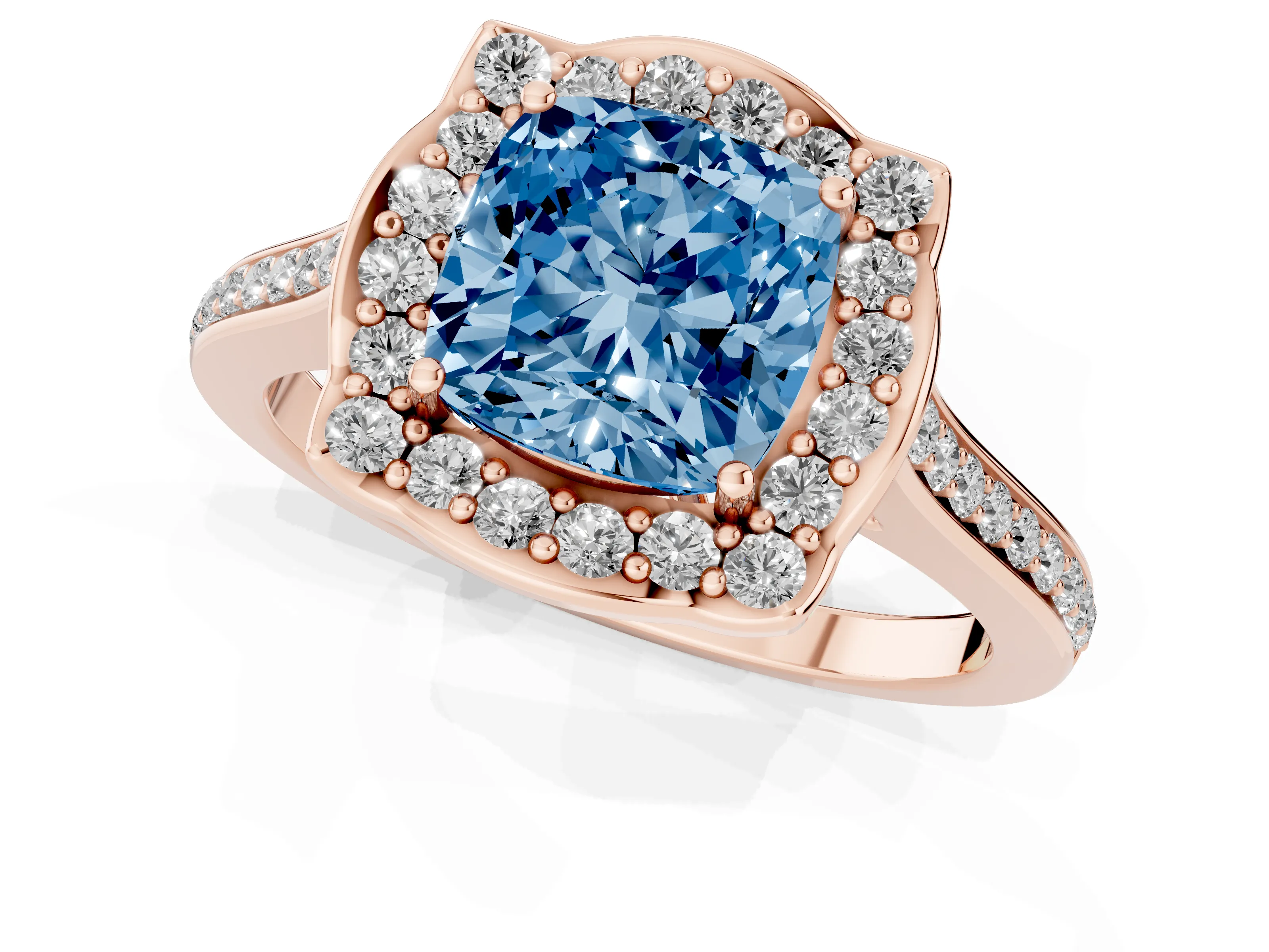 Fancy Blue Cushion Cut Diamond Halo Ring Set in Rose gold with Pavé-Lined Shoulders and Prong Setting