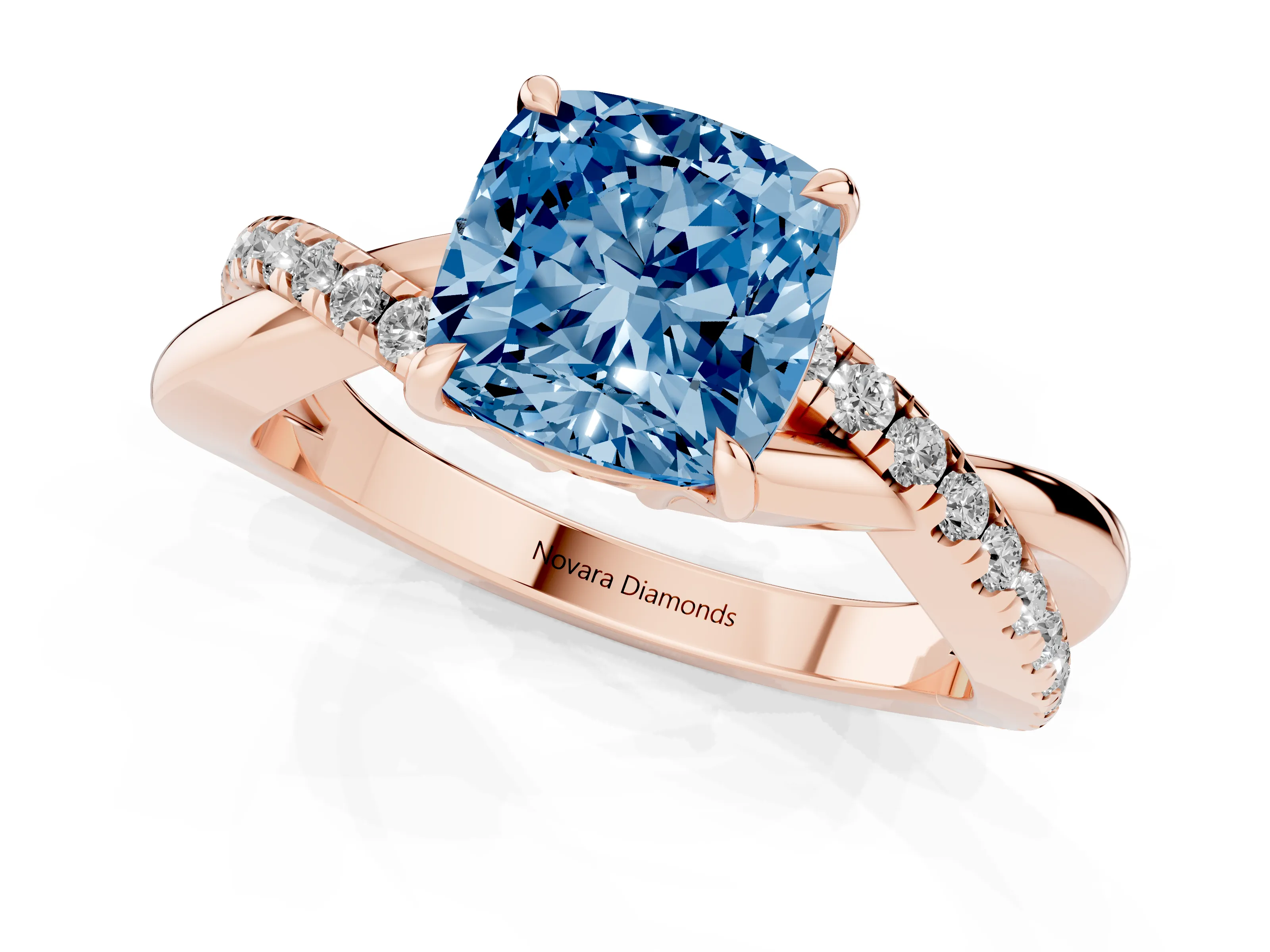 Fancy Blue Cushion Cut Diamond Twisted Pavé Band Ring Set in Rose gold with Prong Setting