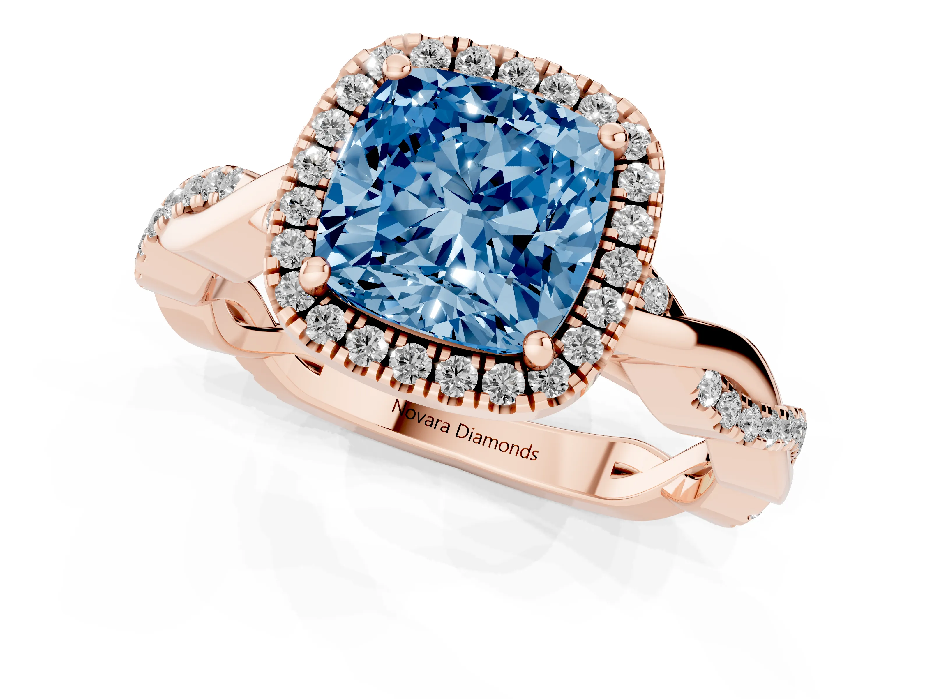 Fancy Blue Cushion Cut Diamond Halo Twisted Band Ring Set in Rose gold with Prong Setting