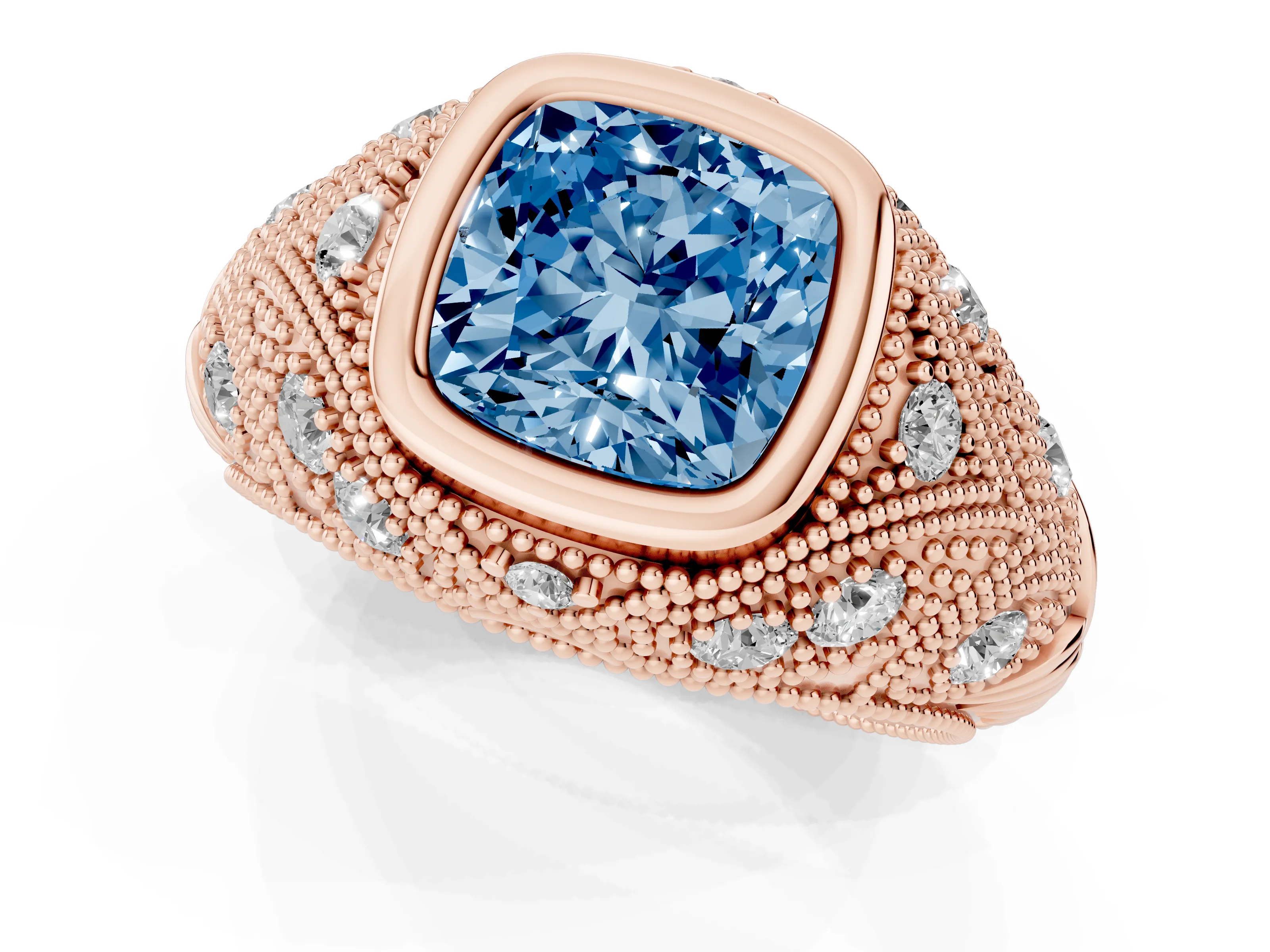 Fancy Blue Cushion Cut Diamond Bezel Ring Set in Rose gold with Milgrain Accent Band