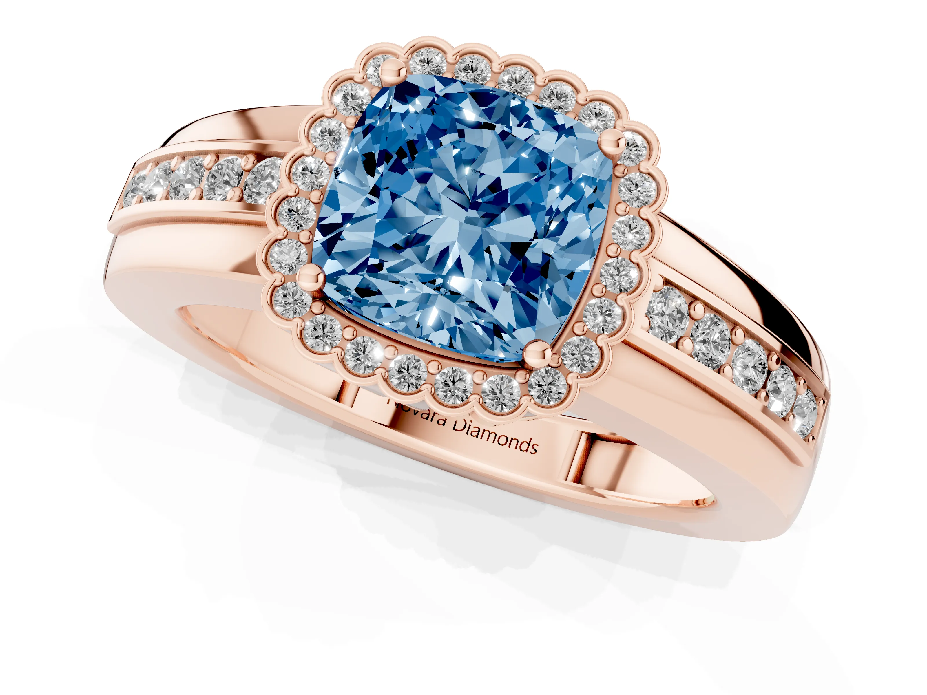 Fancy Blue Cushion Cut Diamond Halo Prong Ring Set in Rose gold with Pavé Band