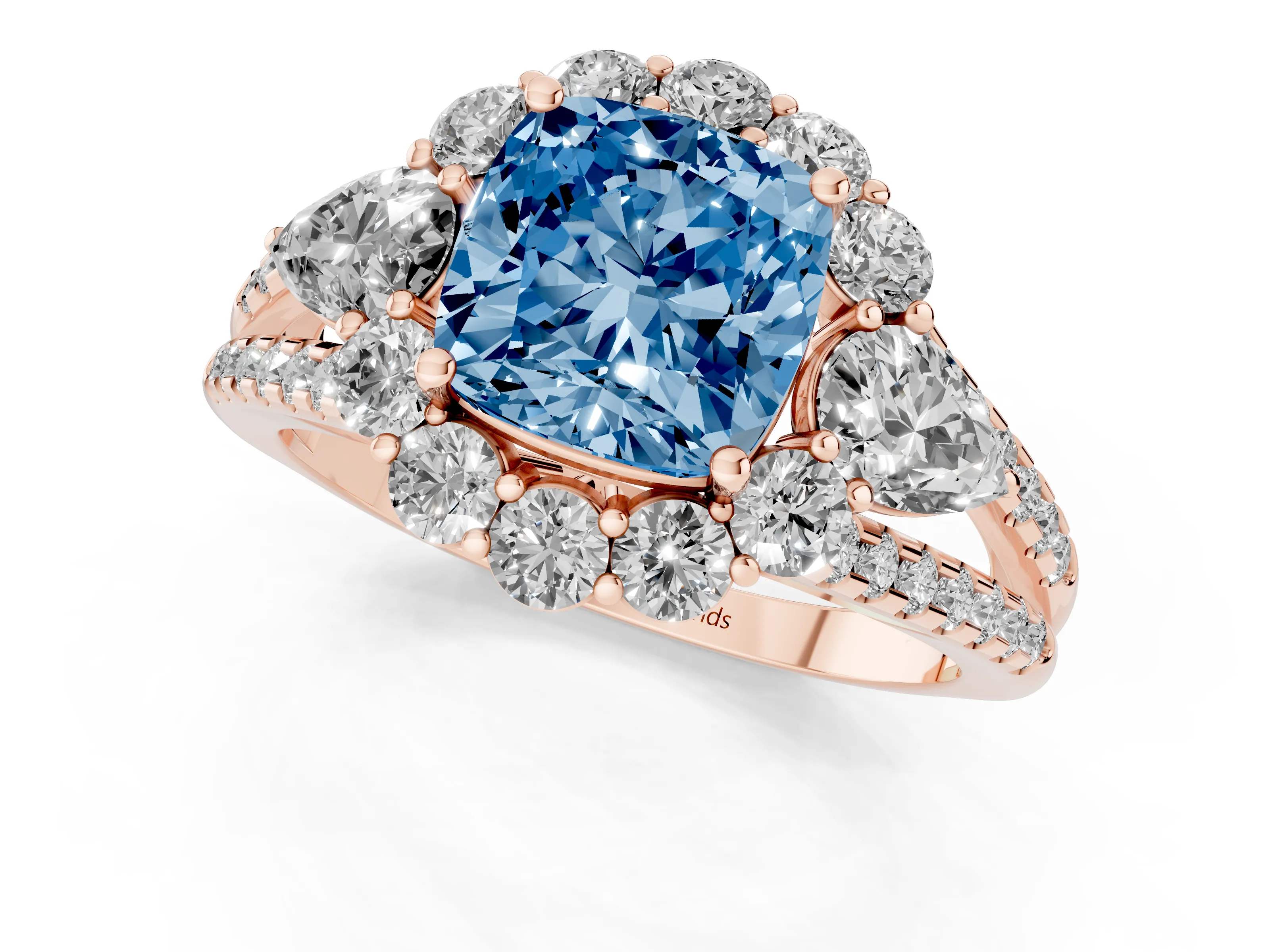 Fancy Blue Cushion Cut Diamond Halo Split Shank Engagement Ring Set in Rose gold with Prong-Held Center Stone