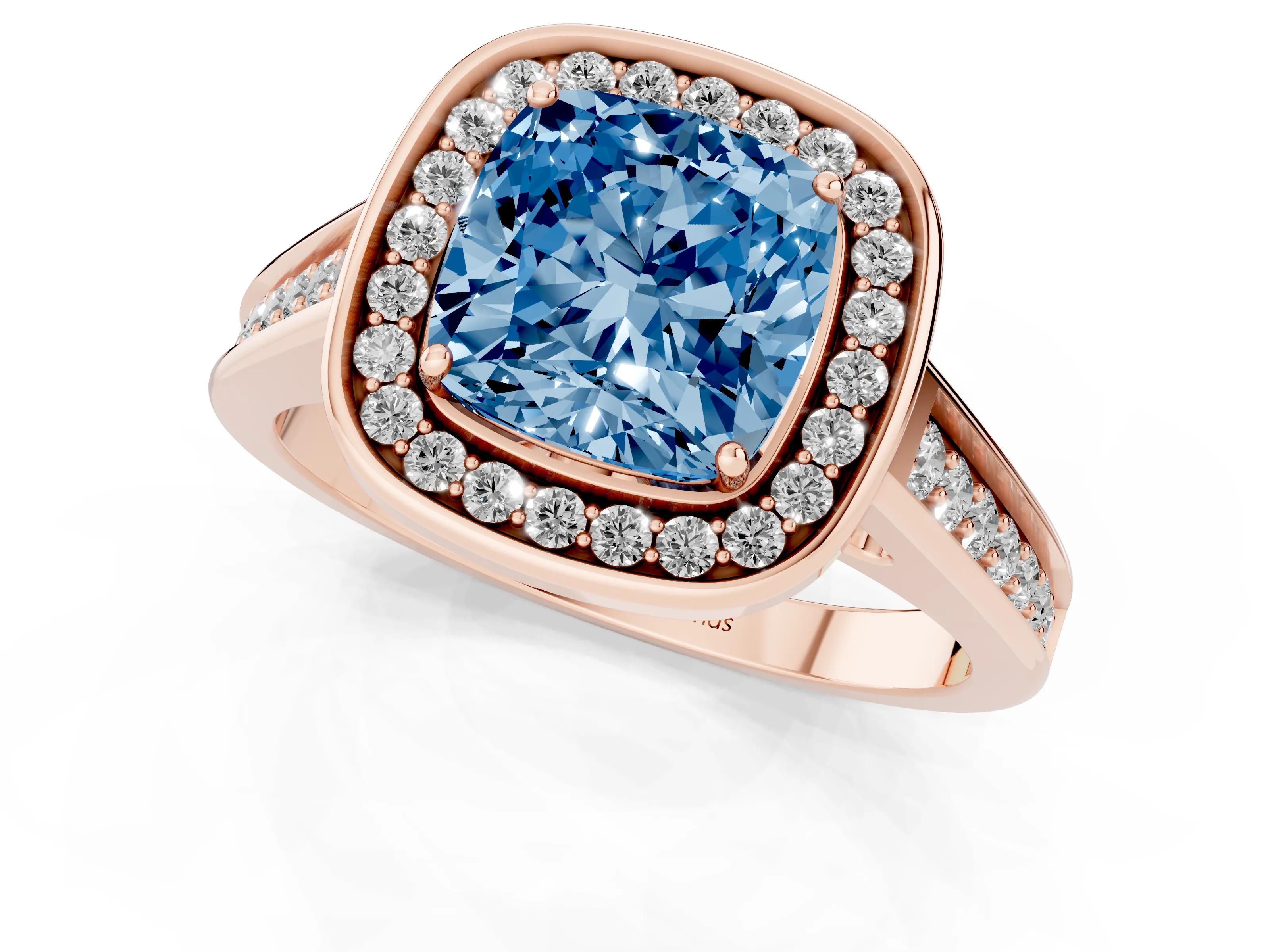 Fancy Blue Cushion Cut Diamond Halo Solitaire Ring Set in Rose gold with Pavé Band and Bezel Setting