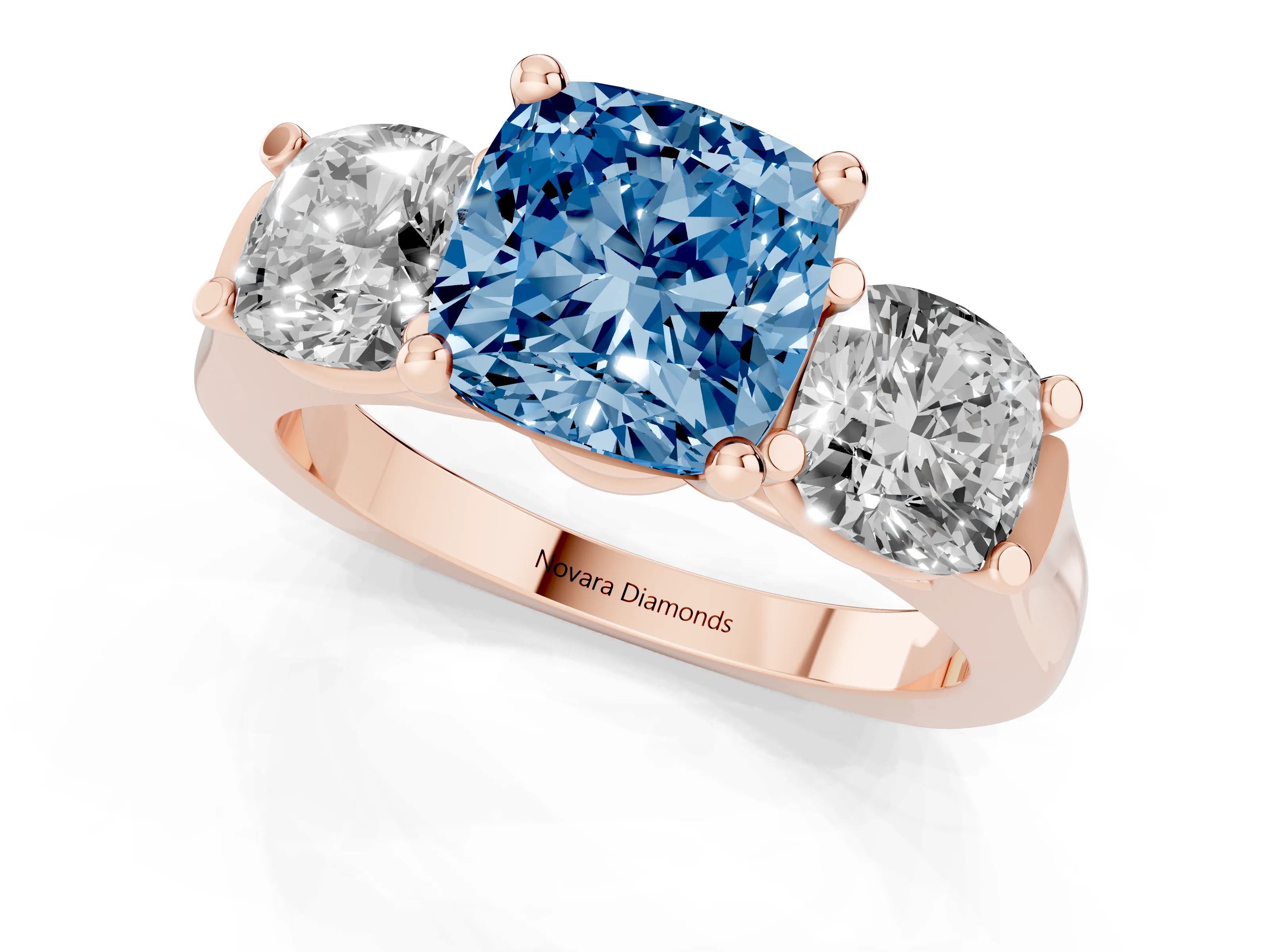 Fancy Blue Cushion Cut Diamond Three-Stone Trellis Ring Set in Rose gold with Comfort Fit Band