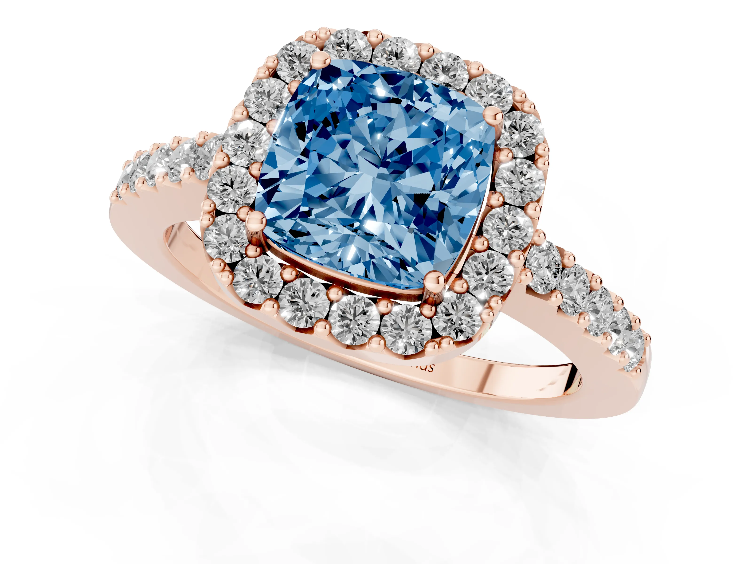 Fancy Blue Cushion Cut Diamond Halo Pavé Solitaire Ring Set in Rose gold with Prong-Set Center Stone
