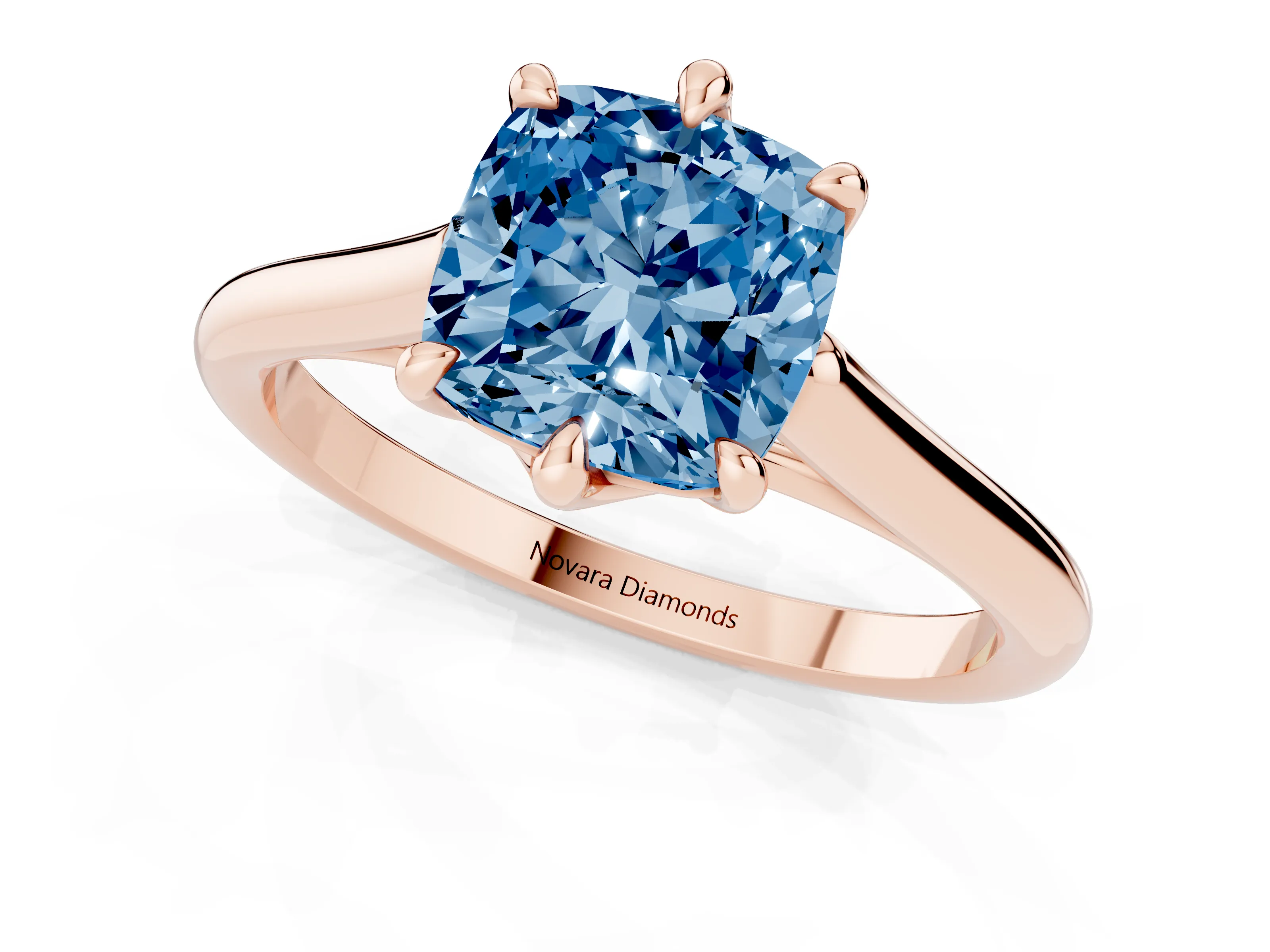 Fancy Blue Cushion Cut Diamond Solitaire Engagement Ring Set in Rose gold with Prong Setting and Plain Classic Band