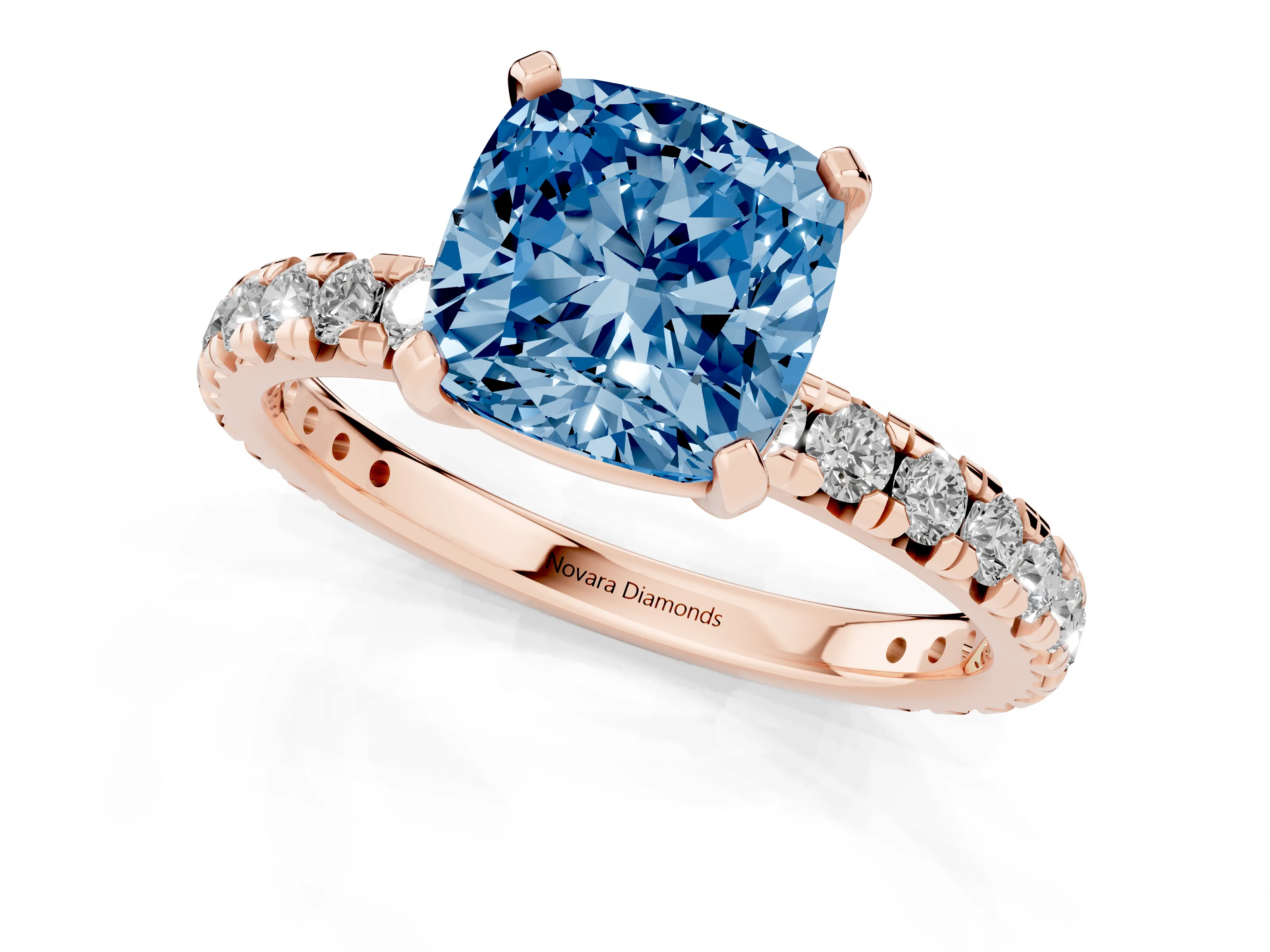 Fancy Blue Cushion Cut Diamond Pavé Solitaire Ring Set in Rose gold with Round Band and Prong Setting