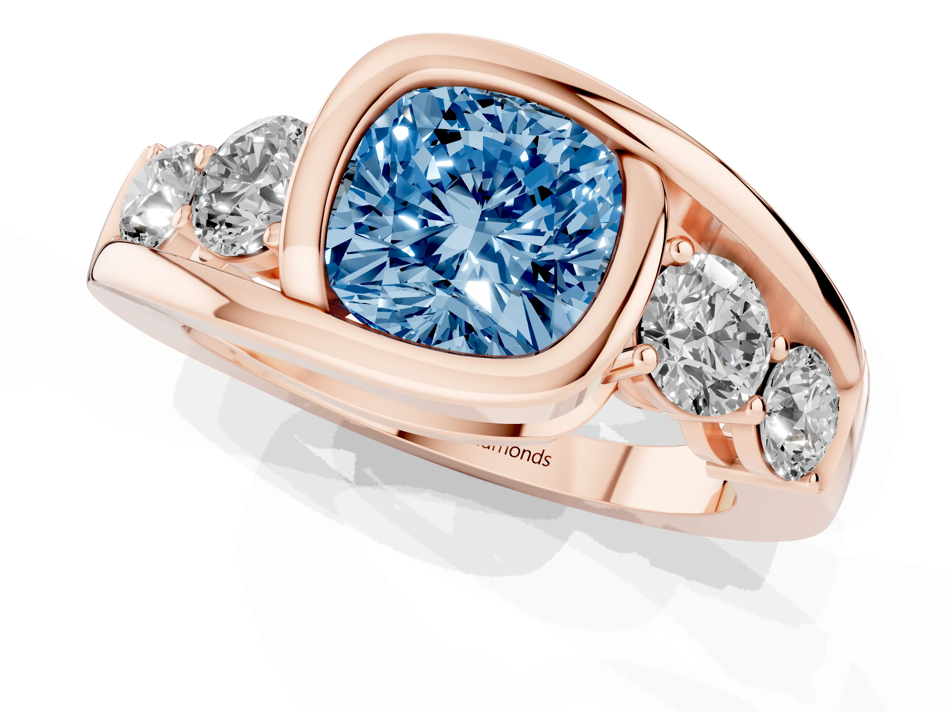 Fancy Blue Cushion Cut Diamond Bezel Bypass Ring Set in Rose gold with Round Accents