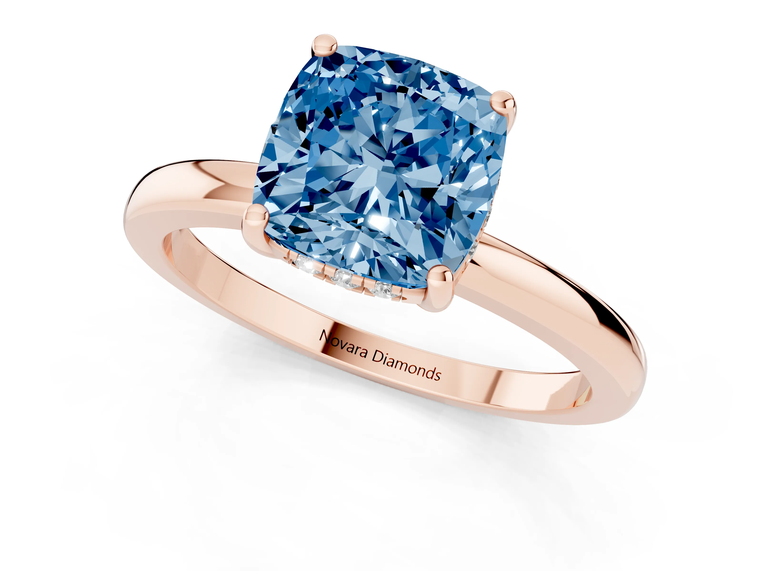 Fancy Blue Cushion Cut Diamond Solitaire Ring Set in Rose gold with Plain Band and Prong Setting