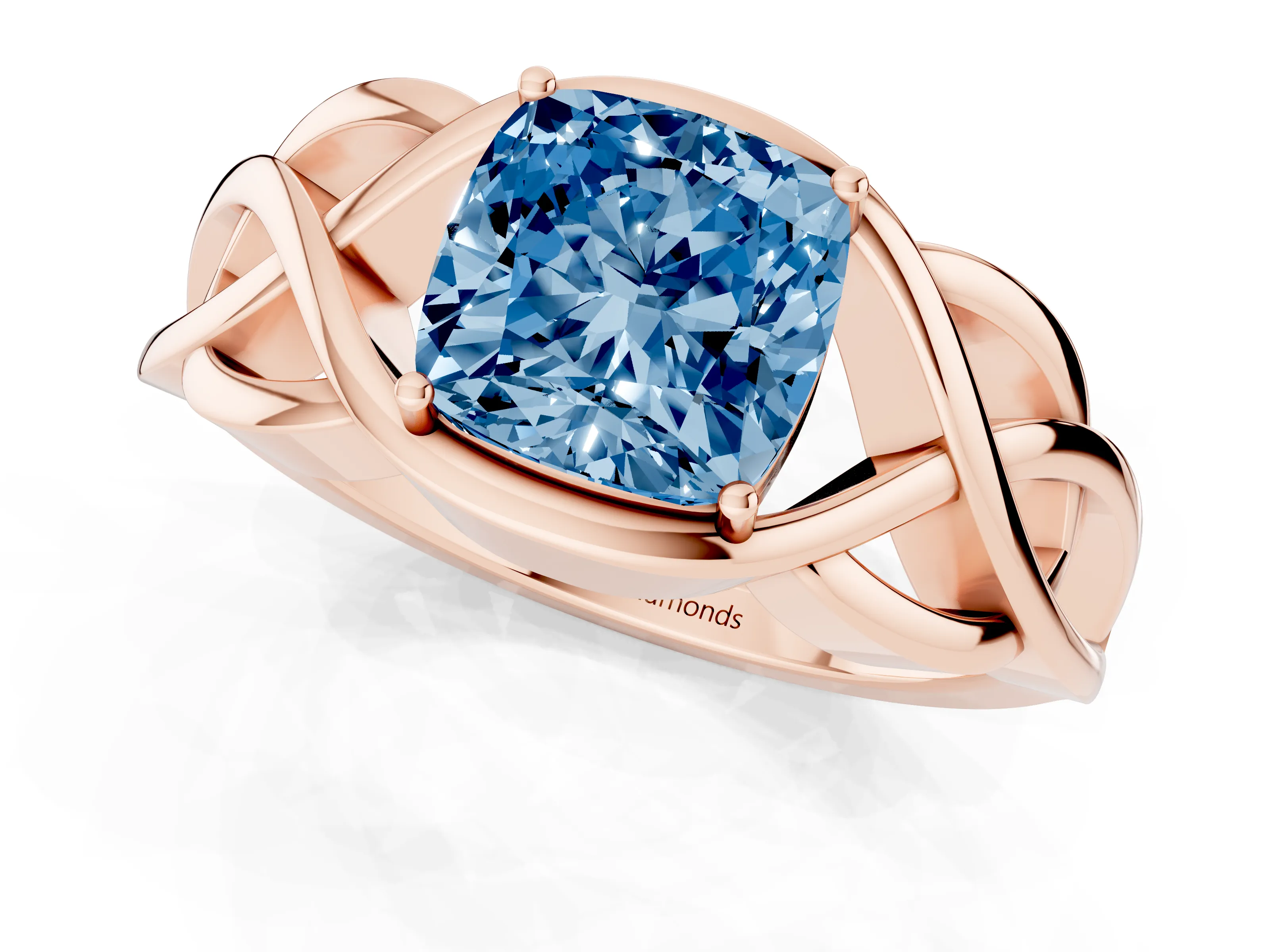 Fancy Blue Cushion Cut Diamond Solitaire Ring Set in Rose gold with Intertwined Band