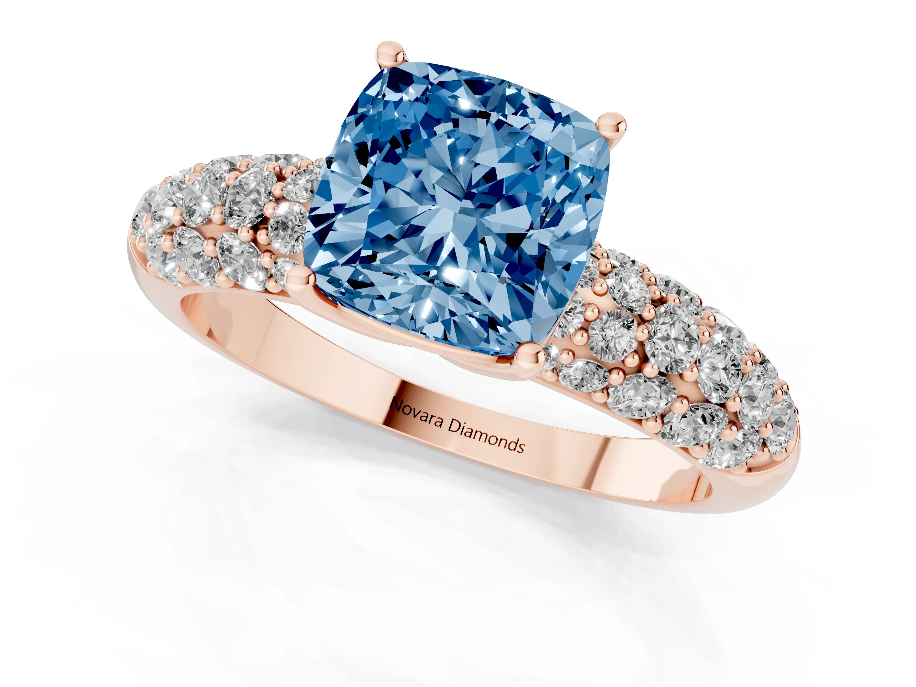 Fancy Blue Cushion Cut Diamond Pavé Band Solitaire Ring Set in Rose gold with Close-Set Accent Stones and Prong Setting