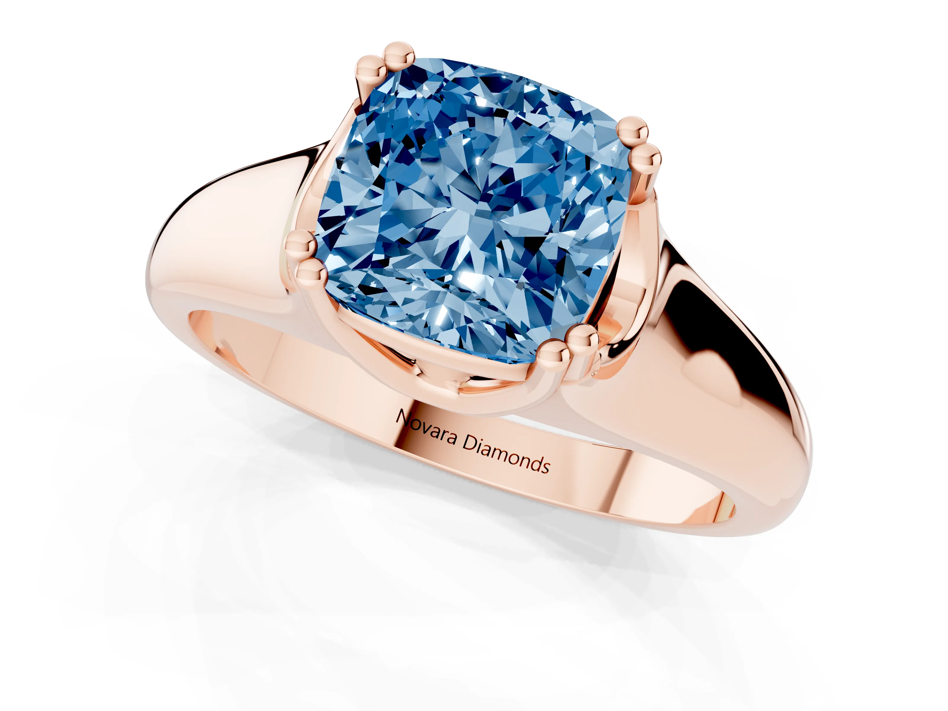 Fancy Blue Cushion Cut Diamond Solitaire Ring Set in Rose gold with Wide Band and Prong Setting