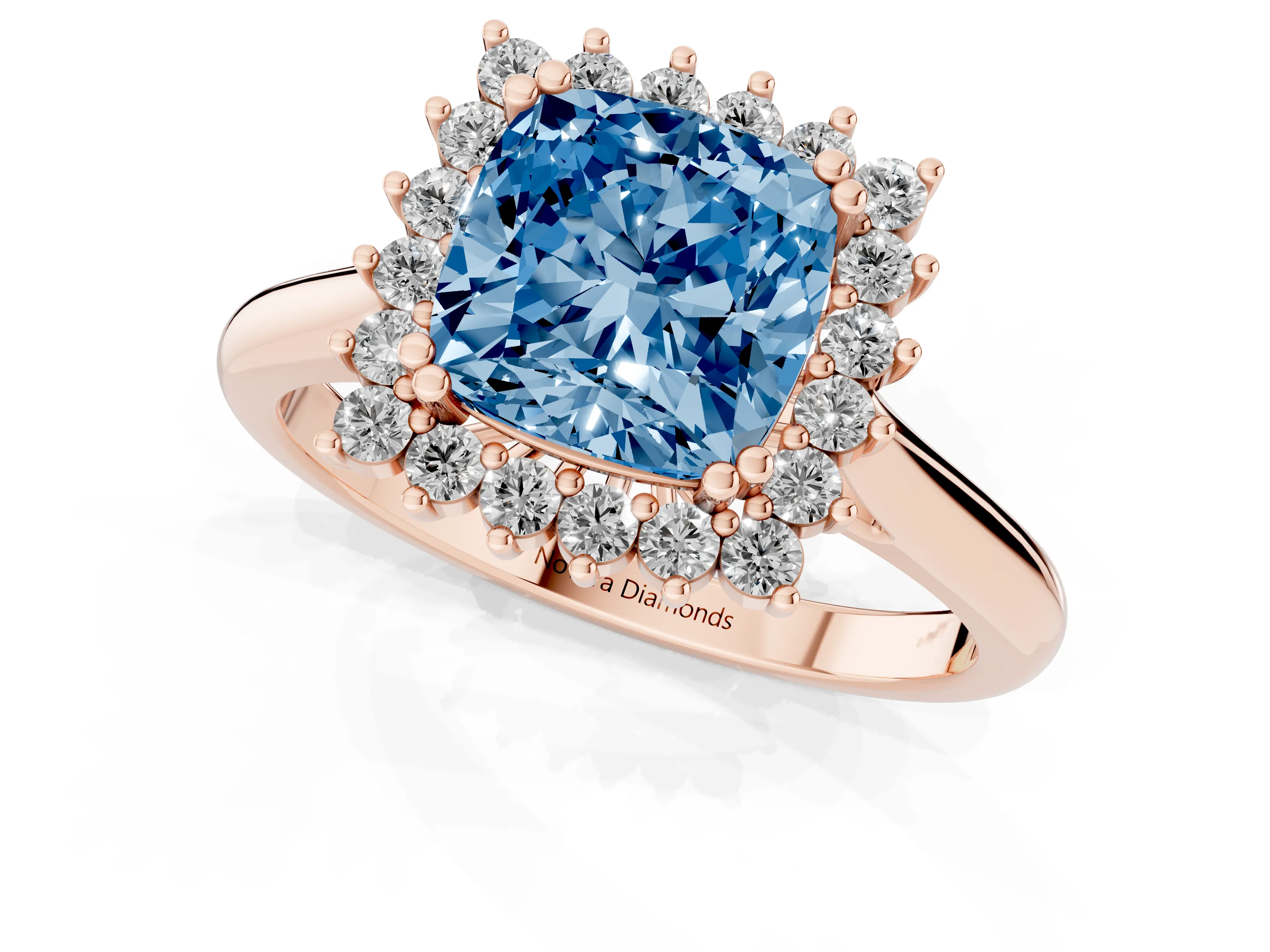 Fancy Blue Cushion Cut Diamond Halo Ring Set in Rose gold with Plain Solitaire Band and Prong Setting