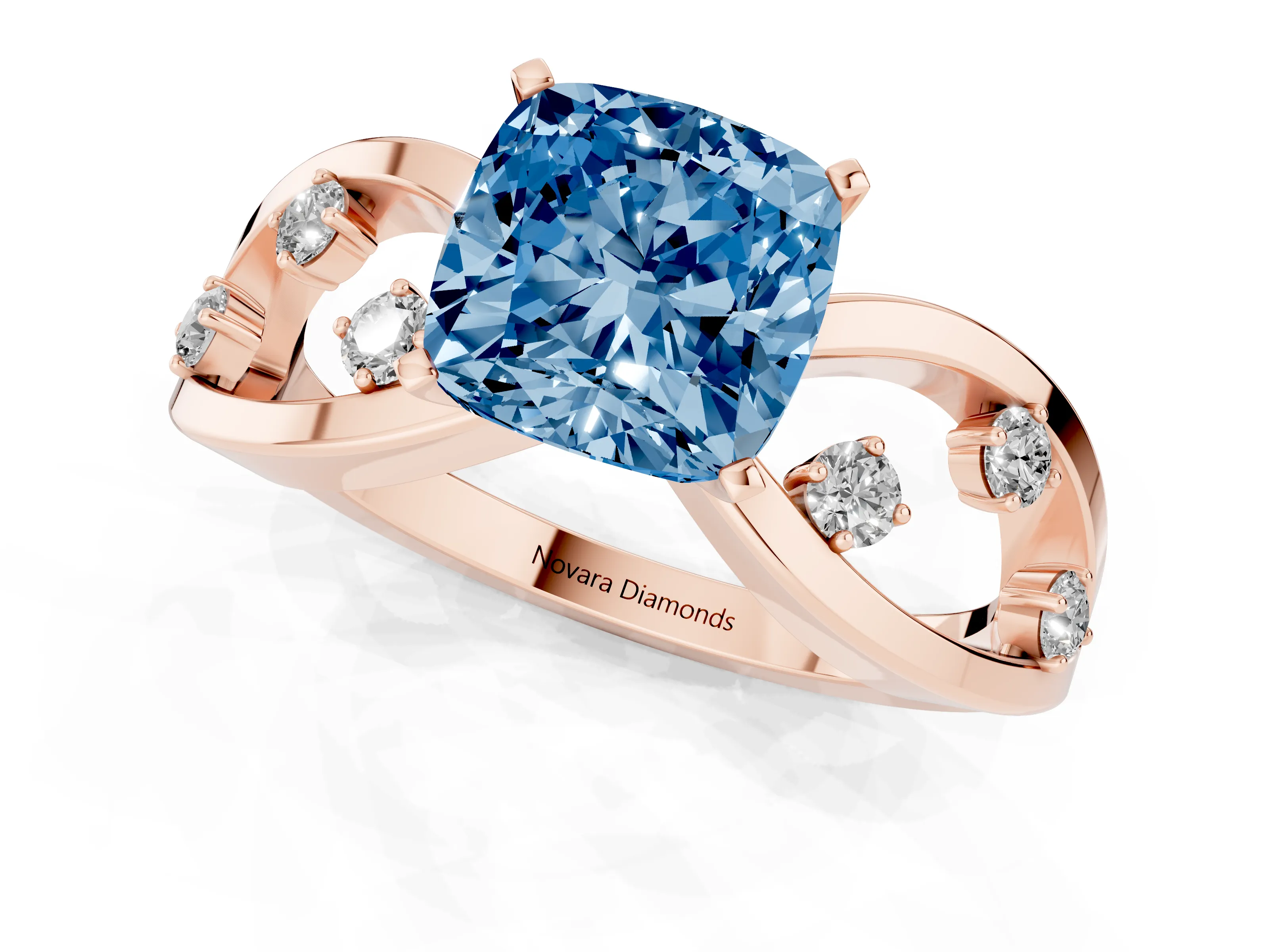Fancy Blue Cushion Cut Diamond Solitaire Ring Set in Rose gold with Side Stones on Criss-Cross Band and Prong Setting
