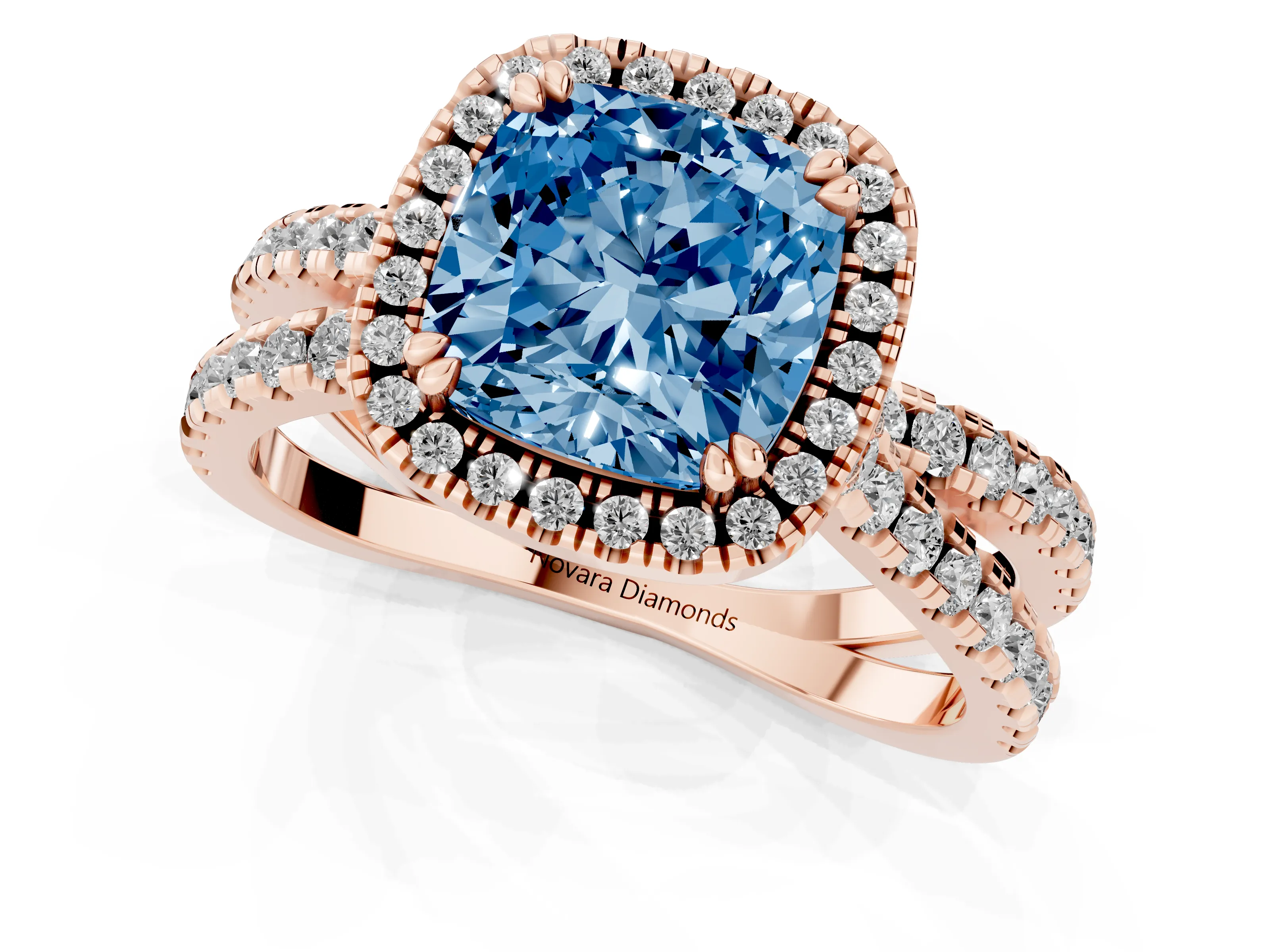 Fancy Blue Cushion Cut Diamond Halo Split Shank Ring Set in Rose gold with Pavé Setting