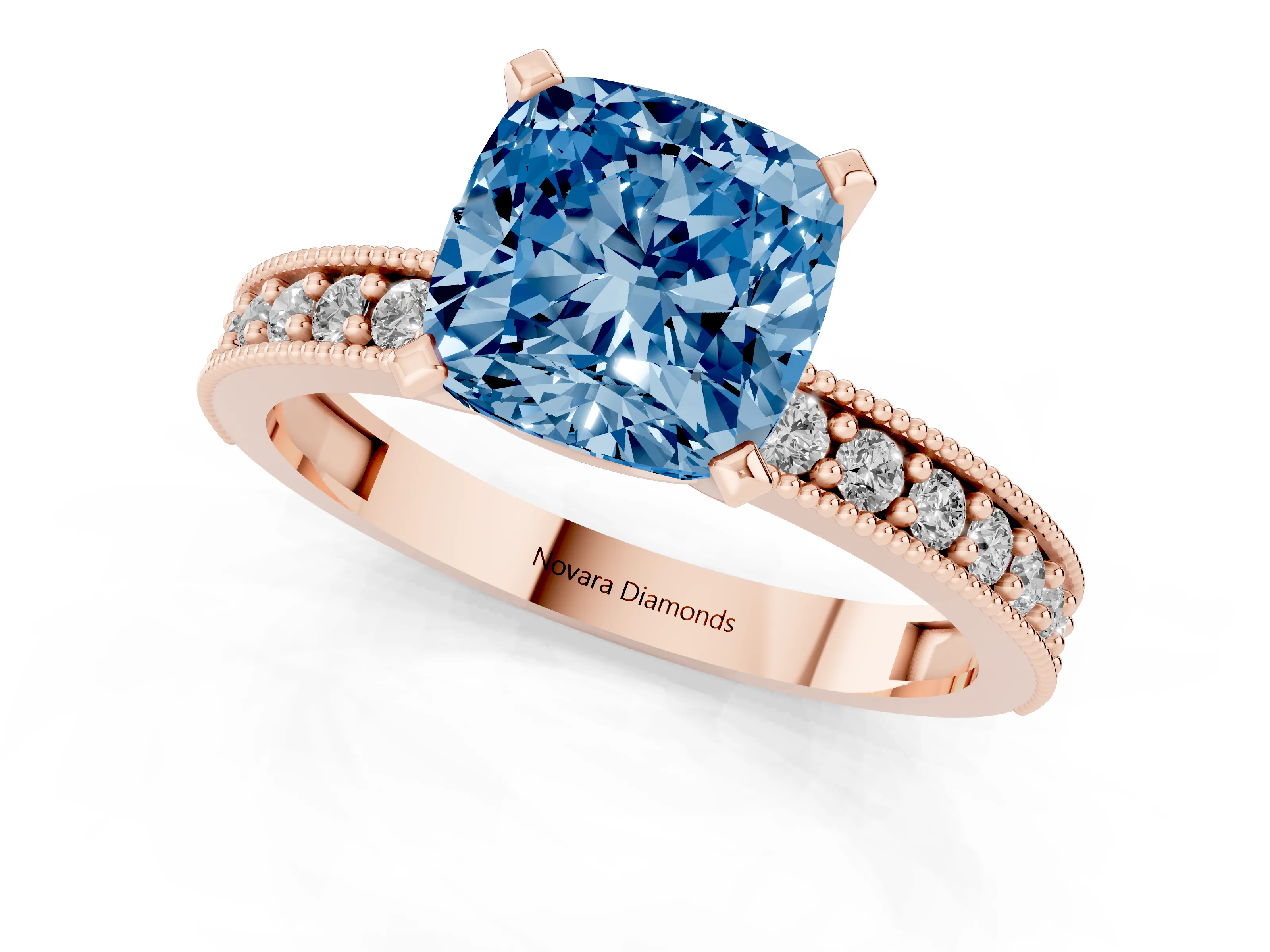 Fancy Blue Cushion Cut Diamond Milgrain Pavé Engagement Ring Set in Rose gold with Prong Setting