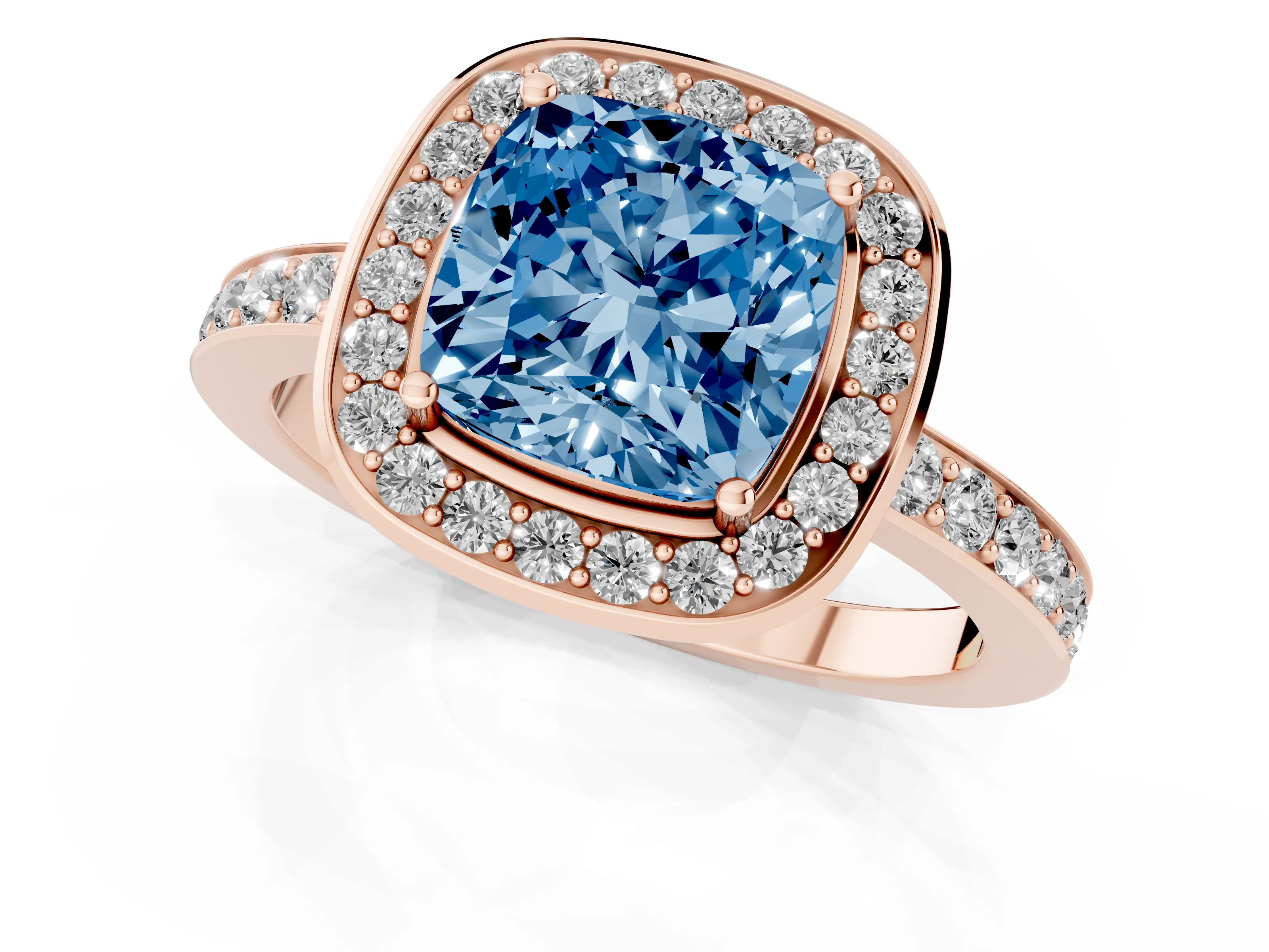 Fancy Blue Cushion Cut Diamond Halo Ring Set in Rose gold with Bezel Frame and Pavé Band