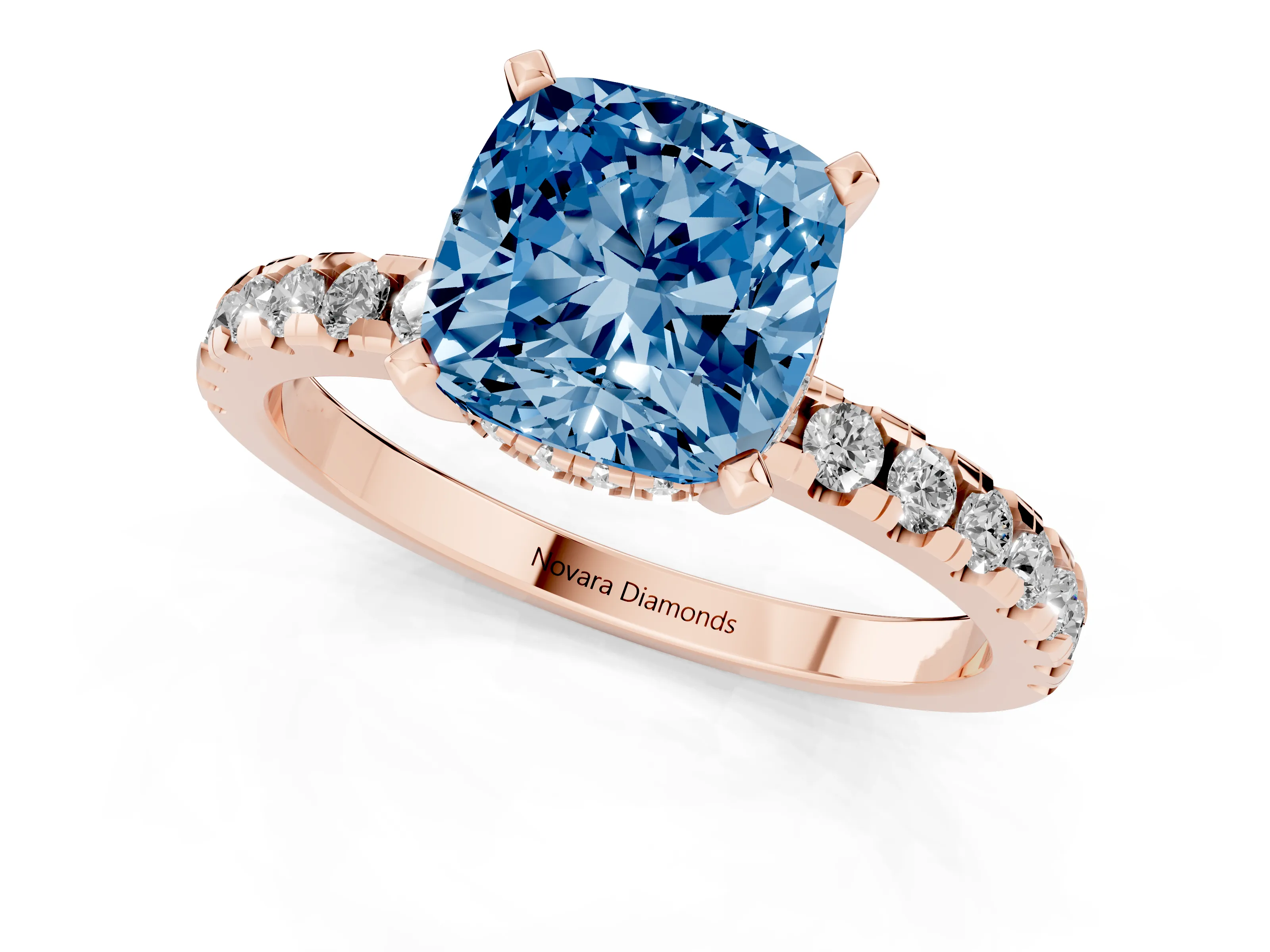 Fancy Blue Cushion Cut Diamond Pavé Solitaire Ring Set in Rose gold with Round Band Accents and Prong Setting