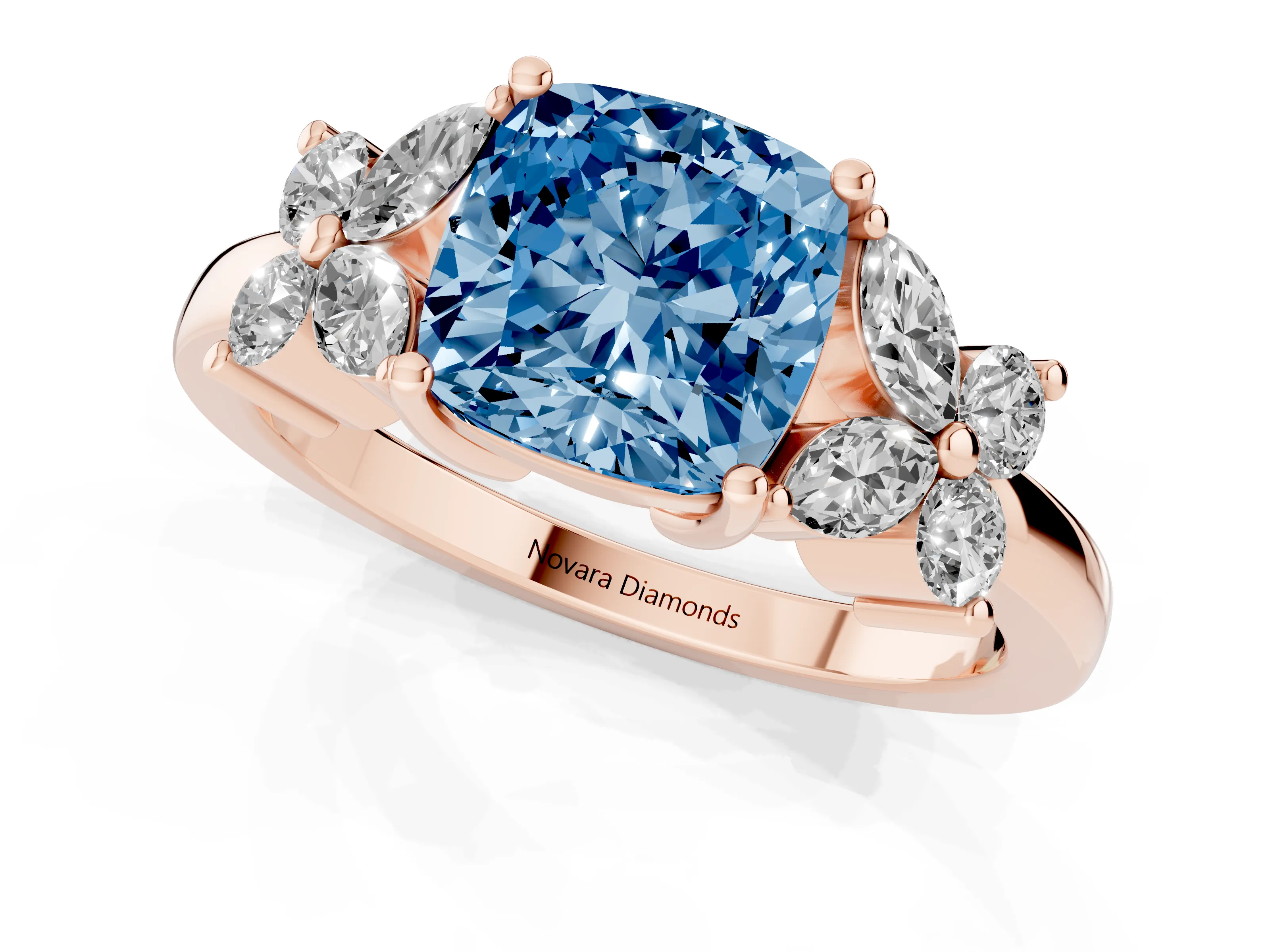 Fancy Blue Cushion Cut Diamond Floral Cluster Ring Set in Rose gold with Marquise Petals and Prong Setting