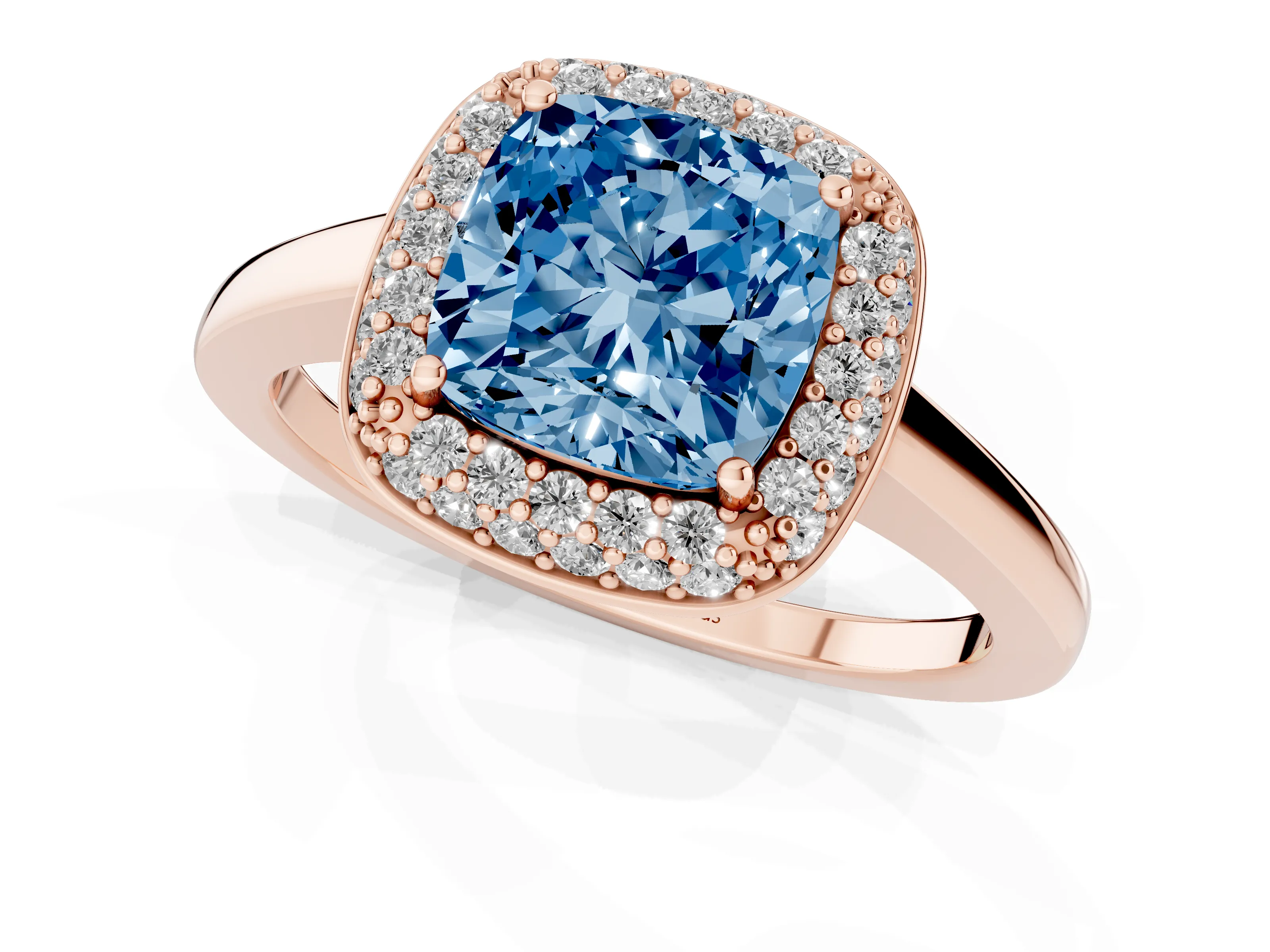 Fancy Blue Cushion Cut Diamond Halo Engagement Ring Set in Rose gold with Solitaire Band and Prong Setting