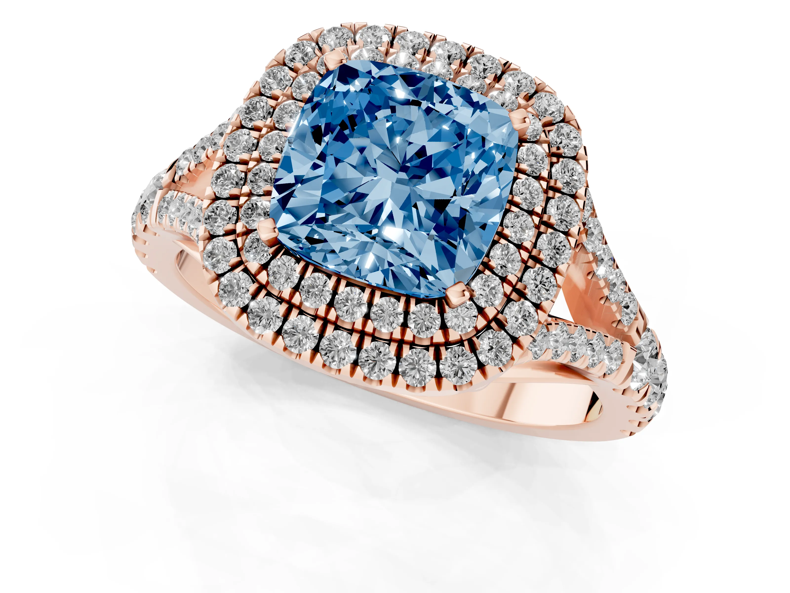 Fancy Blue Cushion Cut Diamond Pavé Split Shank Double Halo Engagement Ring Set in Rose gold – second view