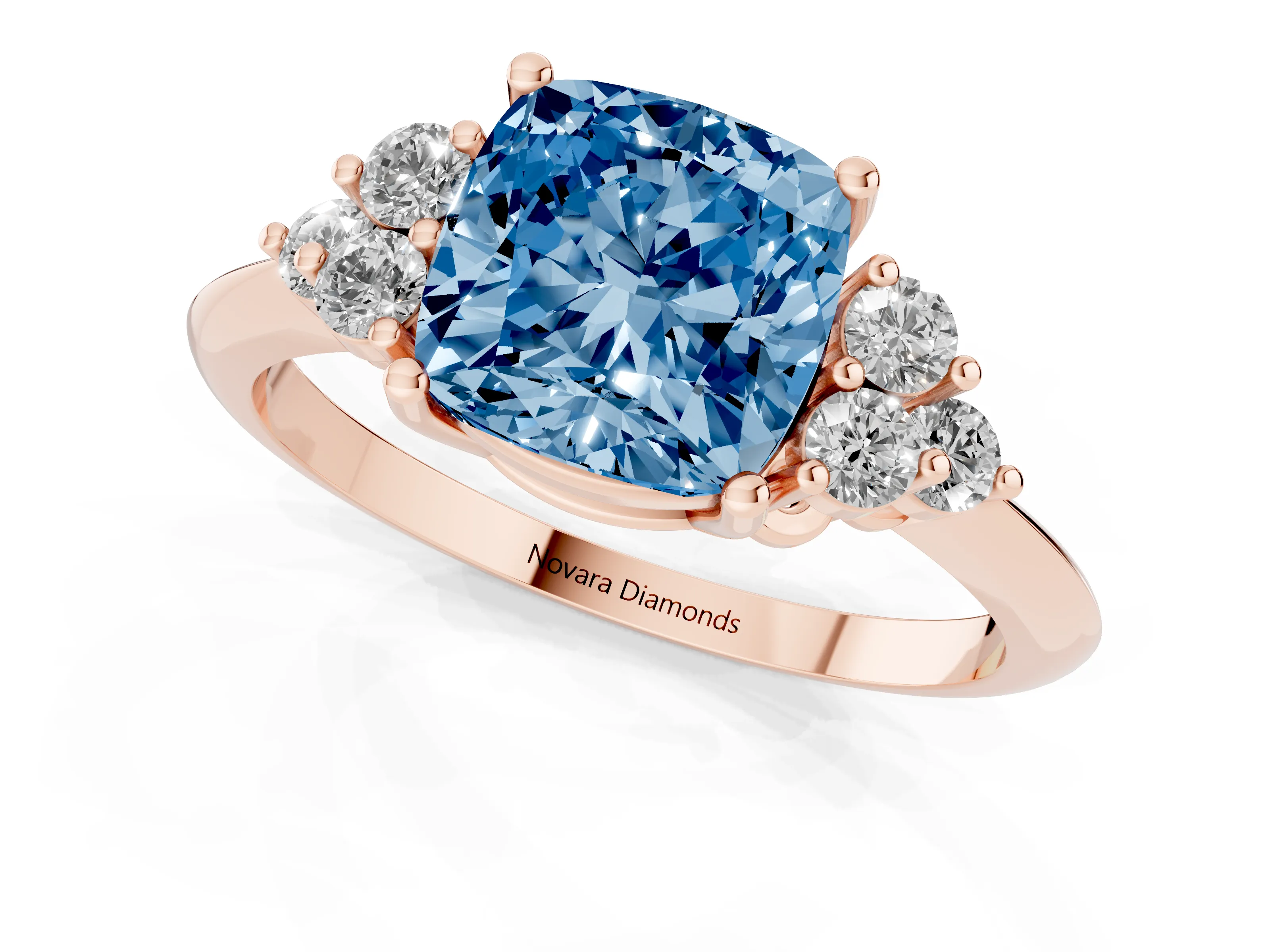 Fancy Blue Cushion Cut Diamond Cluster Ring Set in Rose gold with Plain Band and Prong Setting