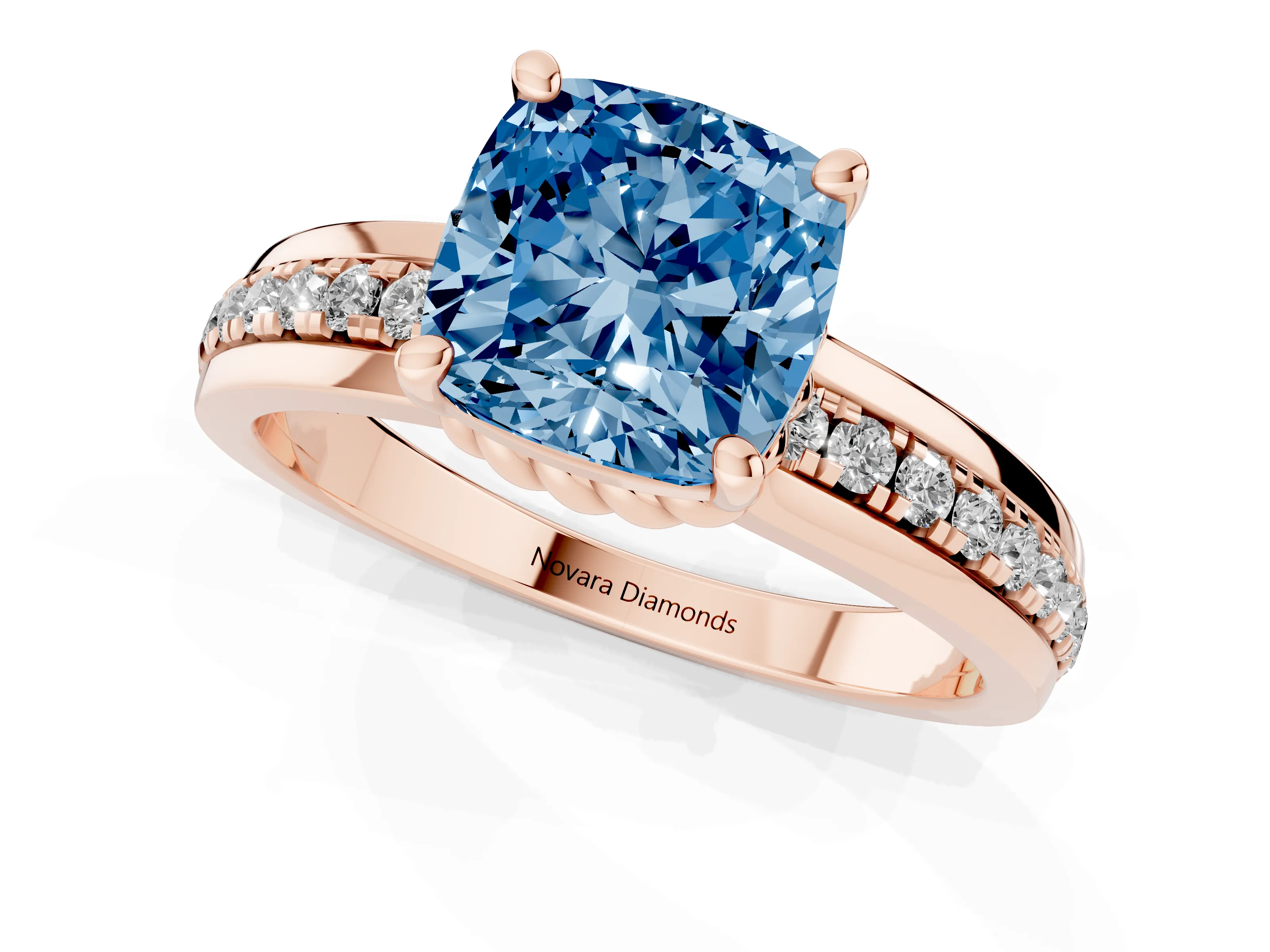 Fancy Blue Cushion Cut Diamond Solitaire Ring Set in Rose gold with Channel Set Band and Prong Setting