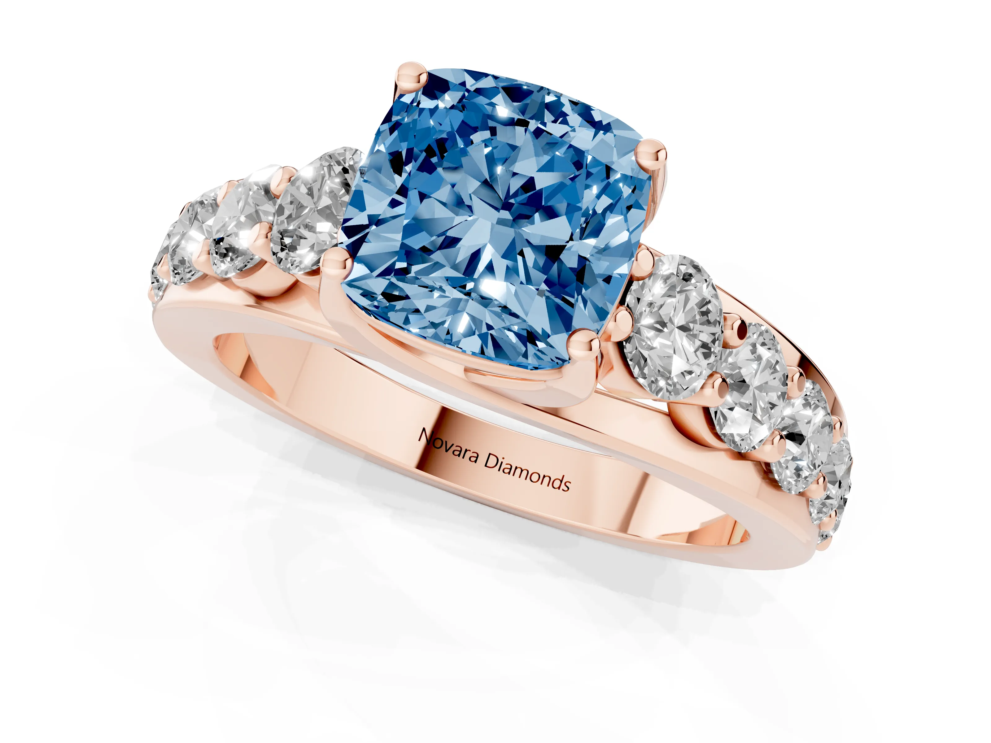 Fancy Blue Cushion Cut Diamond Pavé Engagement Ring Set in Rose gold with Prong Setting