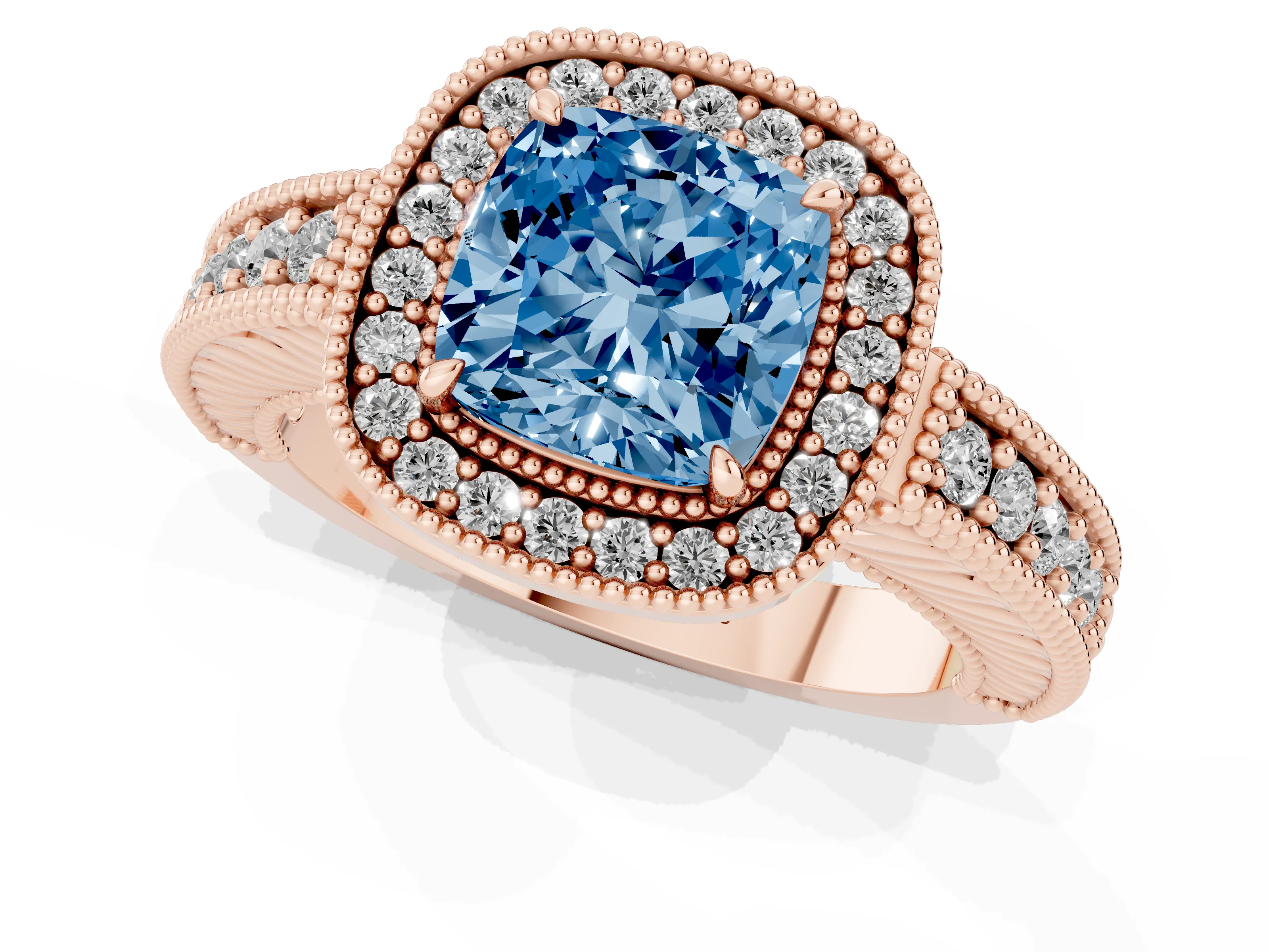 Fancy Blue Cushion Cut Diamond Halo Ring Set in Rose gold with Round Accent Halo, Pavé Band and Prong Setting