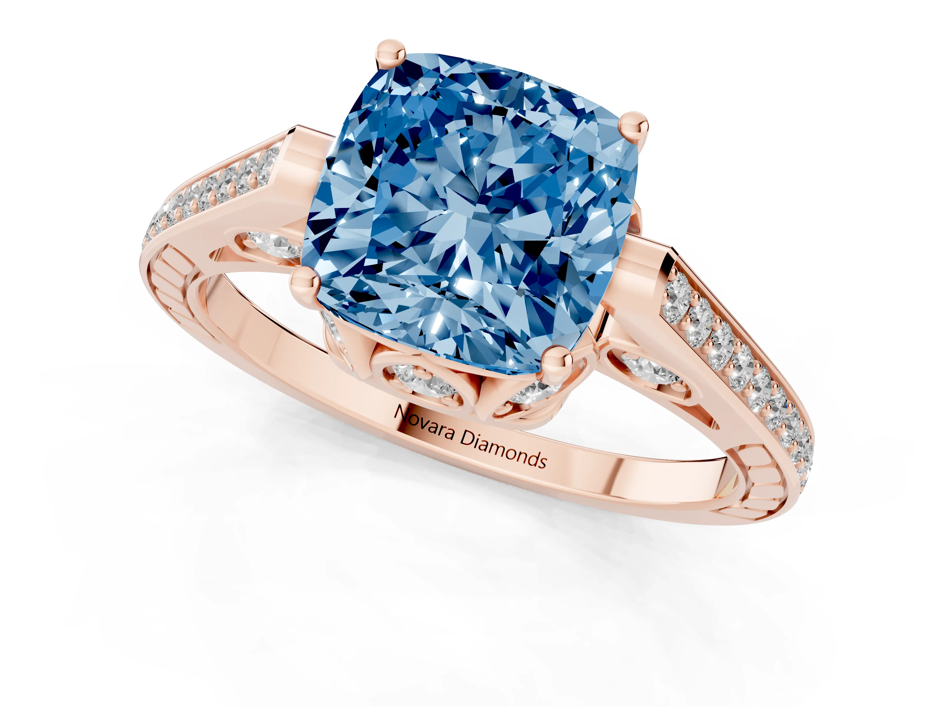 Fancy Blue Cushion Cut Diamond Cathedral Pavé Engagement Ring Set in Rose gold with Prong Setting