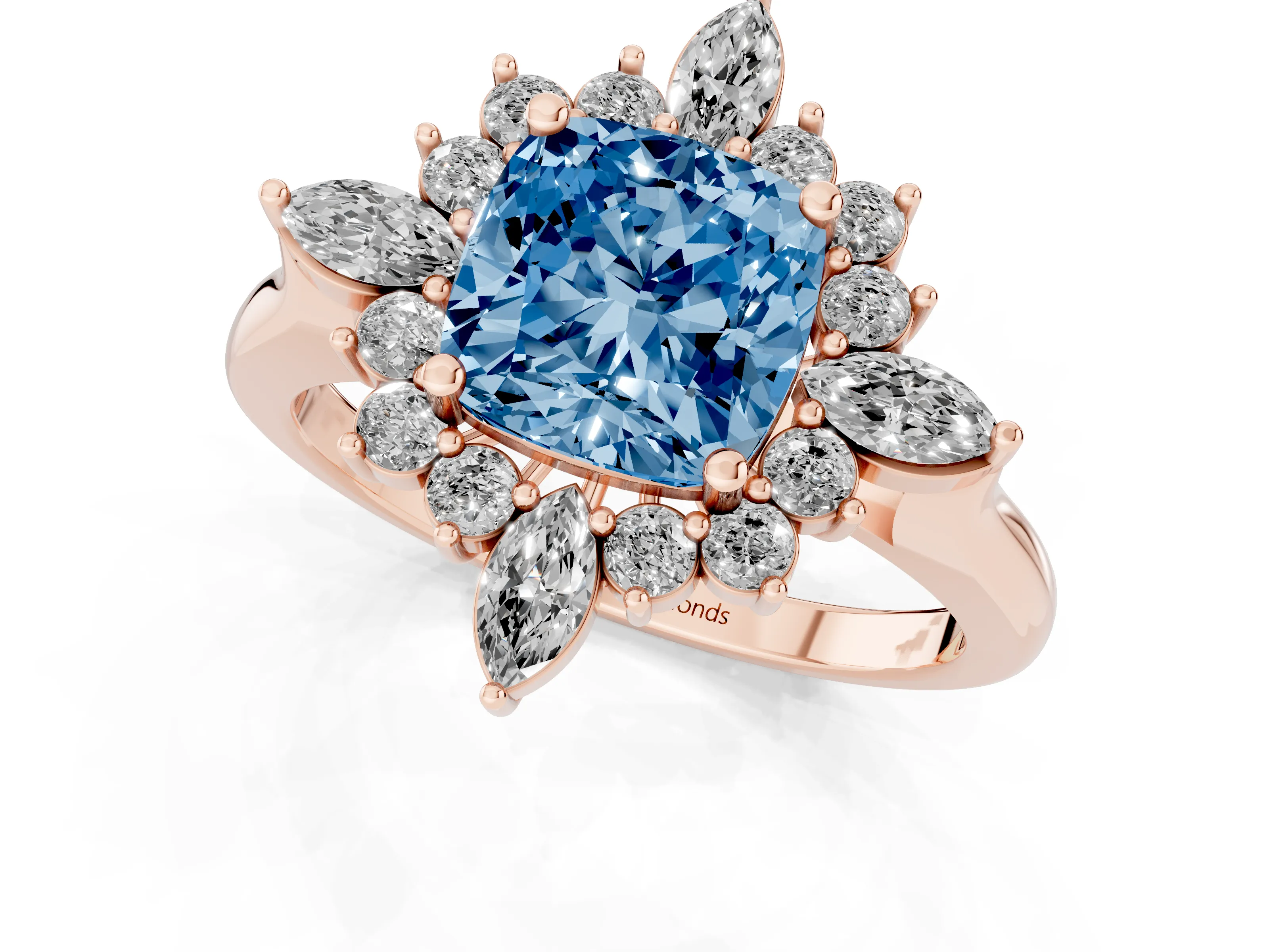 Fancy Blue Cushion Cut Diamond Cluster Halo Ring Set in Rose gold with Marquise and Round Accents