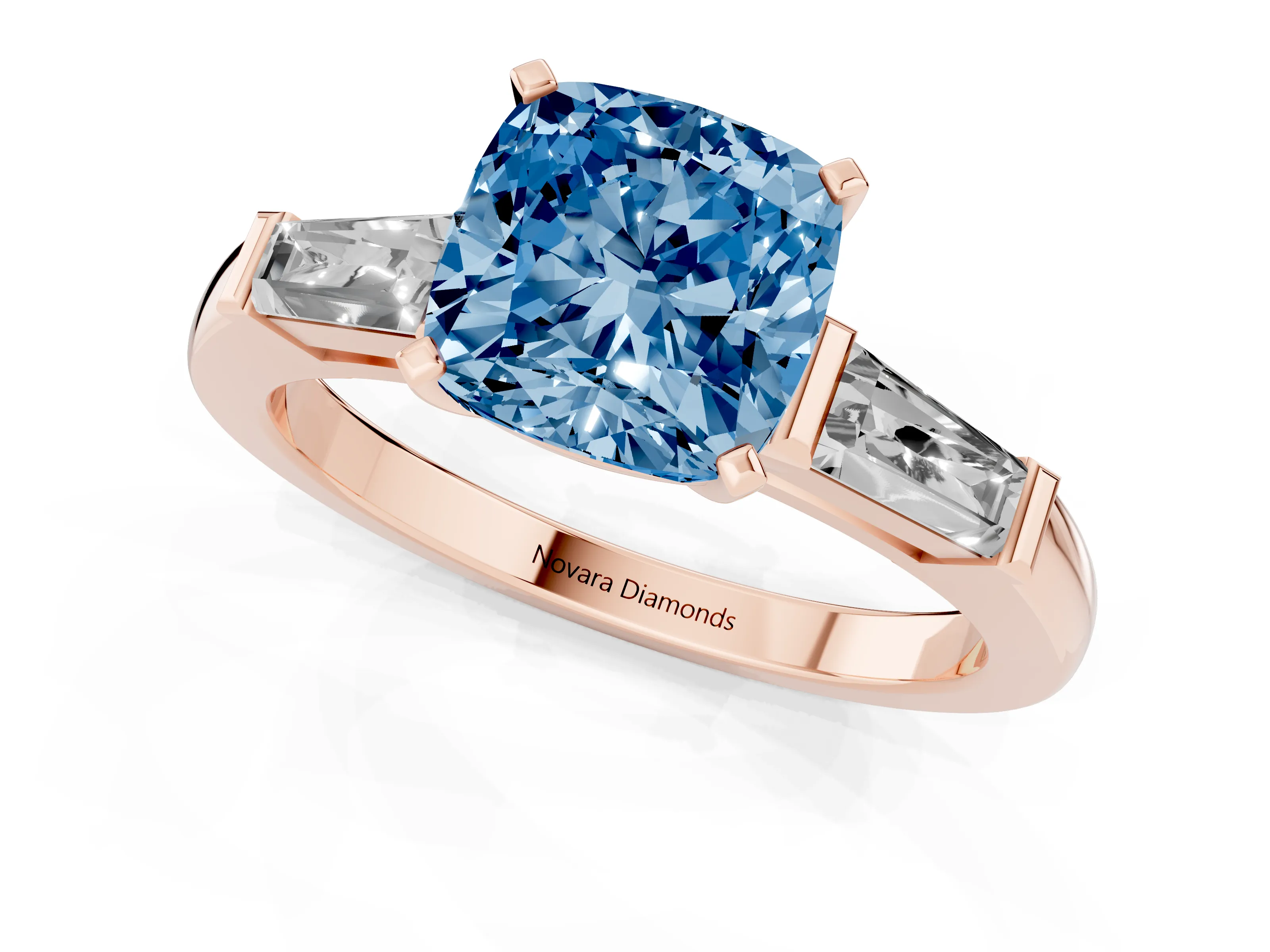 Fancy Blue Cushion Cut Diamond Solitaire Ring Set in Rose gold with Tapered Baguette Side Stones and Prong Setting