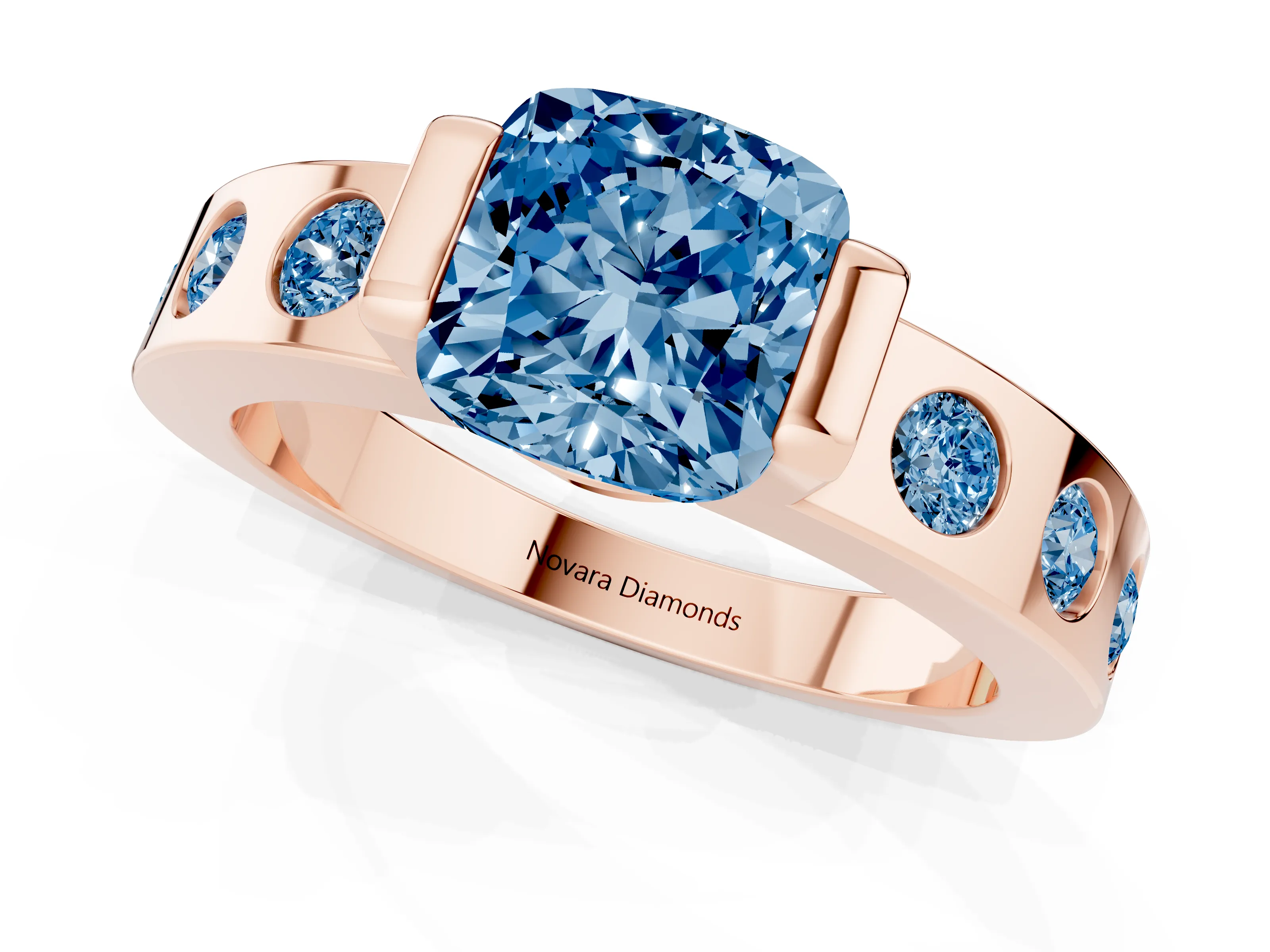 Fancy Blue Cushion Cut Diamond Channel-Set Band Ring Set in Rose gold with Bezel Prong Setting