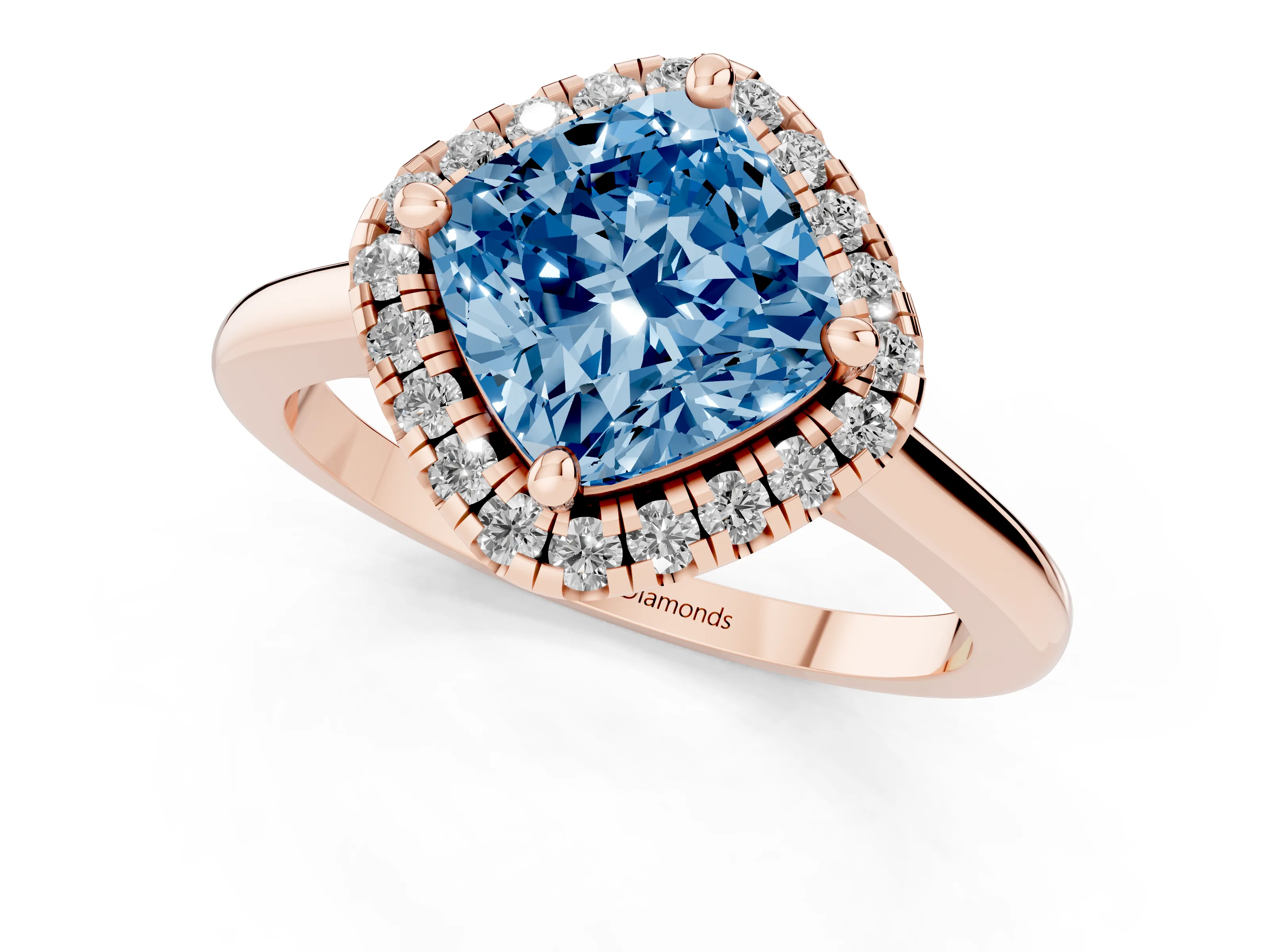 Fancy Blue Cushion Cut Diamond Halo Engagement Ring Set in Rose gold with Pavé Band and Rising Shoulders