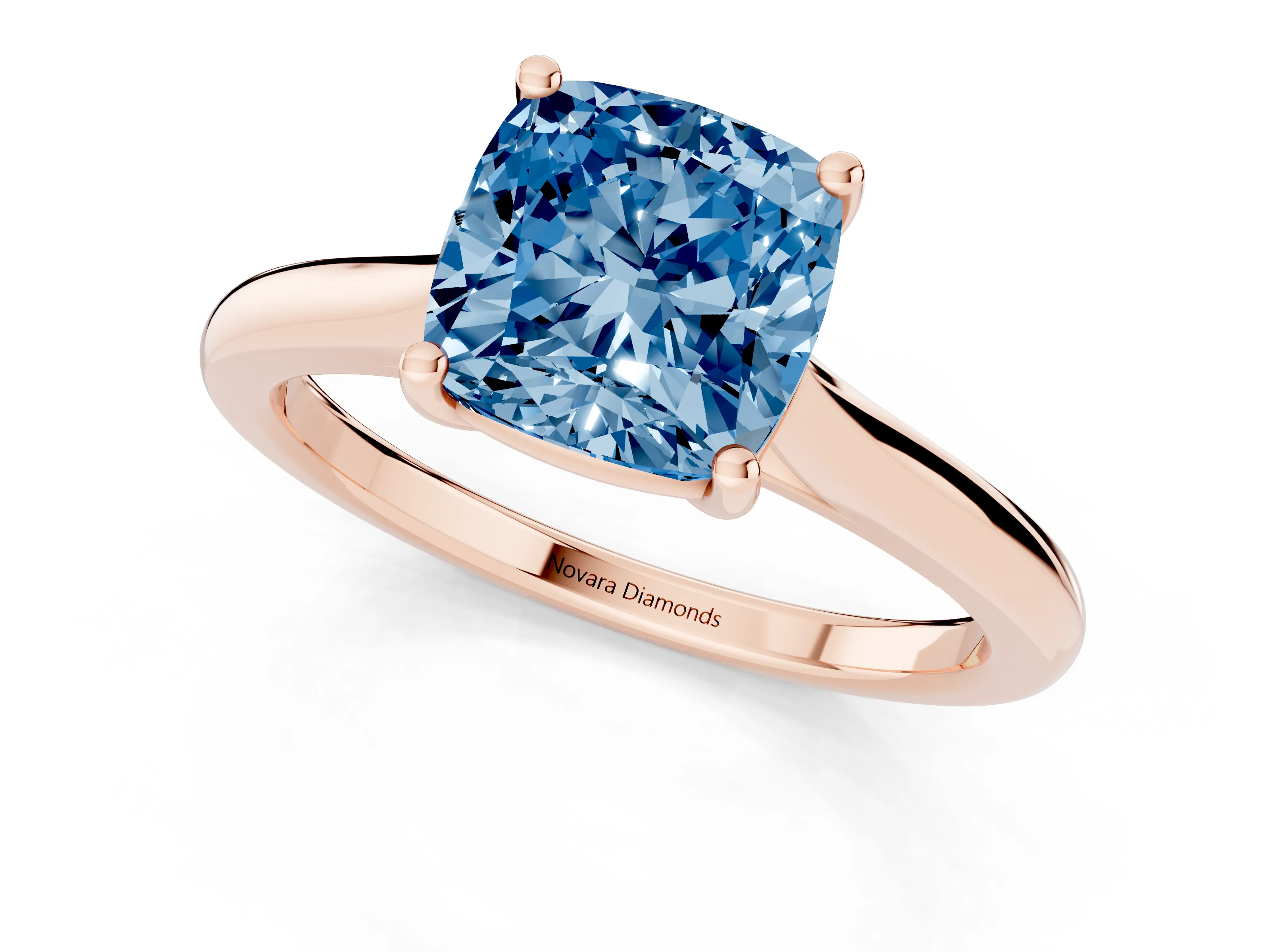 Fancy Blue Cushion Cut Diamond Solitaire Ring Set in Rose gold with Cathedral Band and Prong Setting