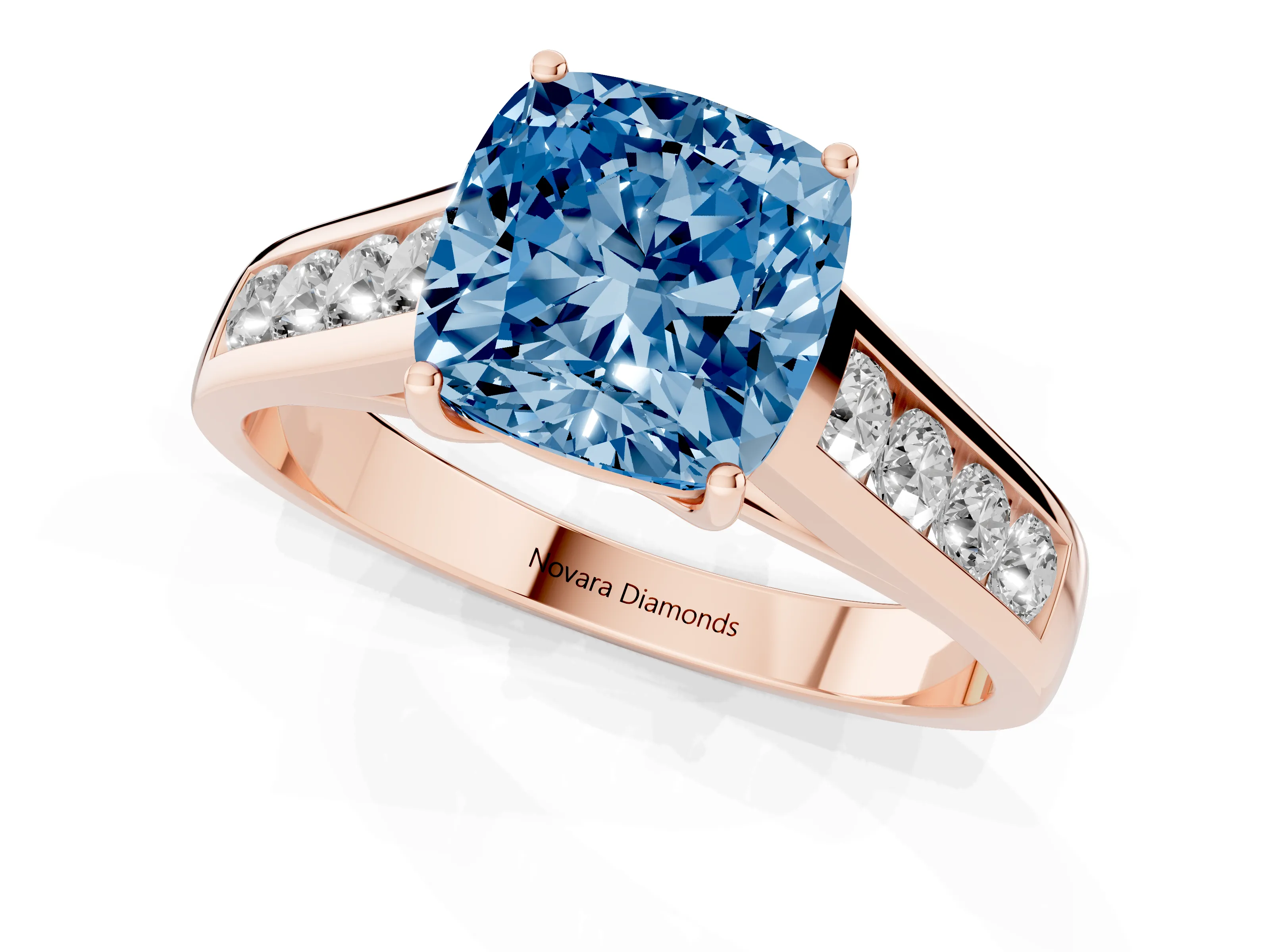 Fancy Blue Cushion Cut Diamond Brilliant Channel-Set Solitaire Ring Set in Rose gold with Prong Setting