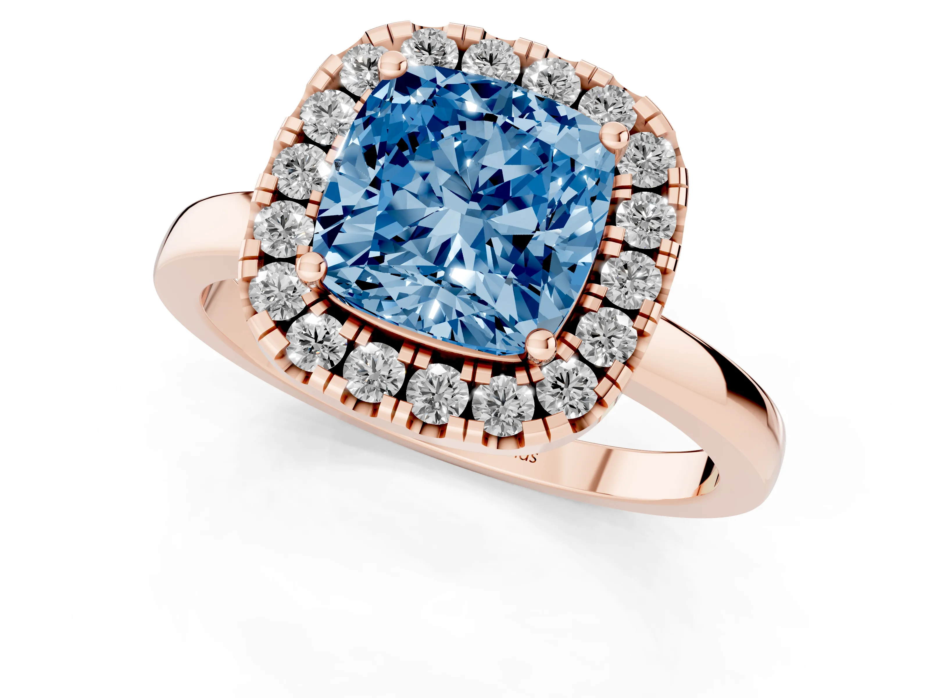 Fancy Blue Cushion Cut Diamond Halo Solitaire Ring Set in Rose gold with Pavé Band and Prong Setting