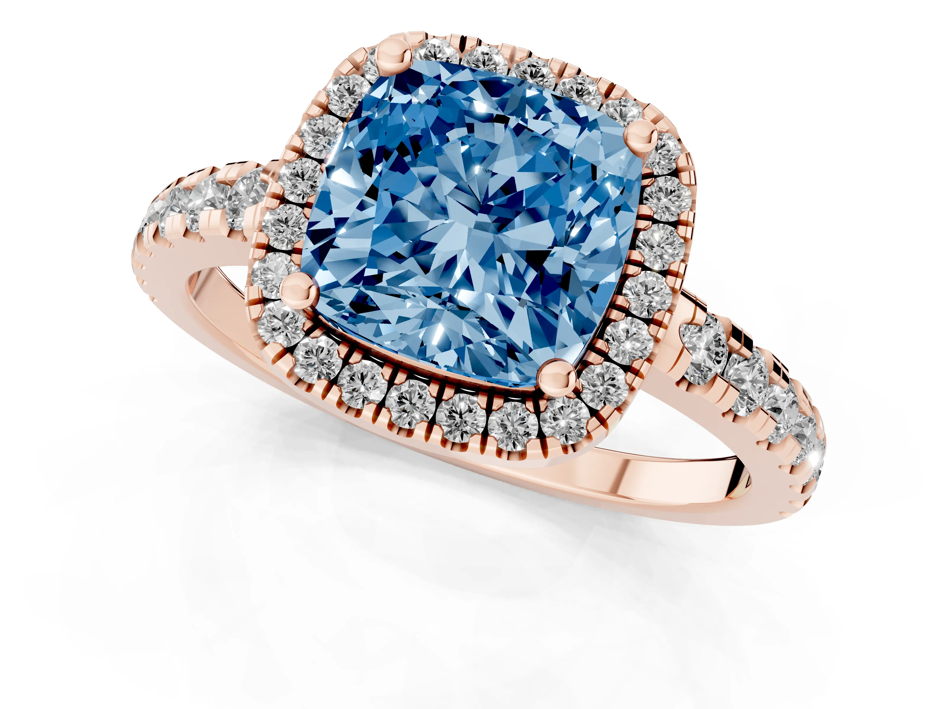 Fancy Blue Cushion Cut Diamond Halo Ring Set in Rose gold with Delicate Pavé Band and Prong Setting