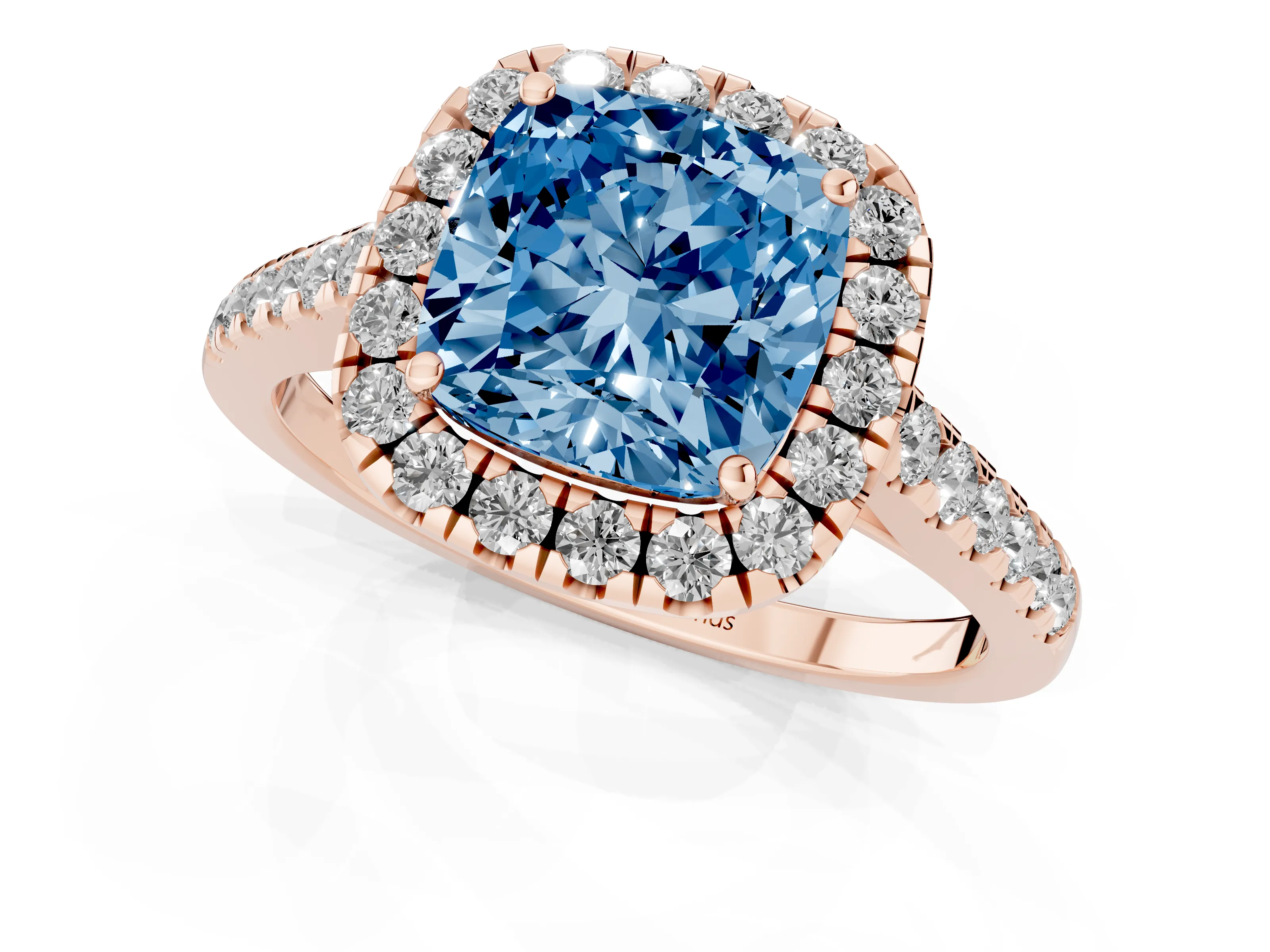 Fancy Blue Cushion Cut Diamond Halo Pavé Engagement Ring Set in Rose gold with Prong Setting