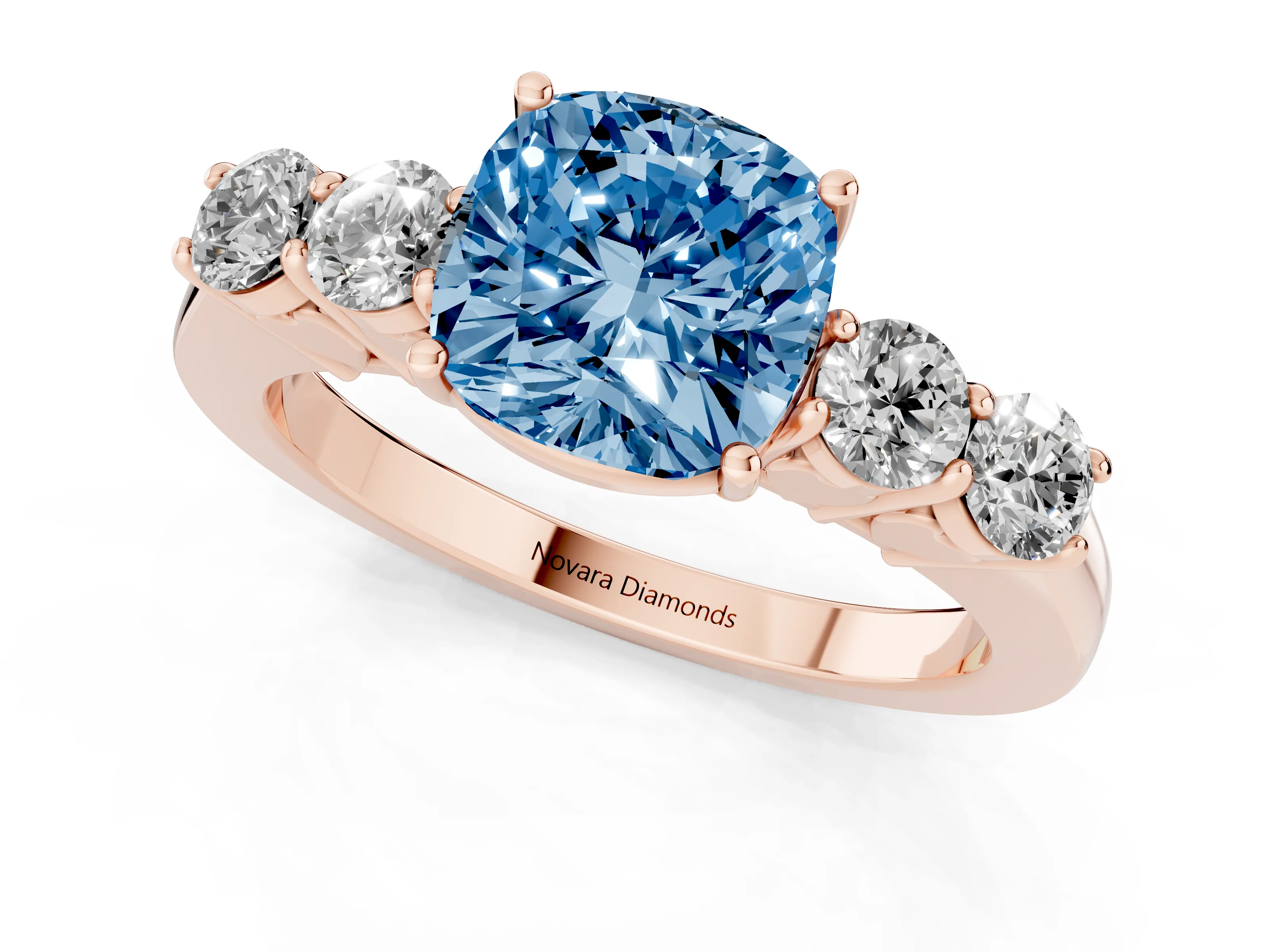 Fancy Blue Cushion Cut Diamond Five-Stone Prong Set Band Ring Set in Rose gold with Polished Band