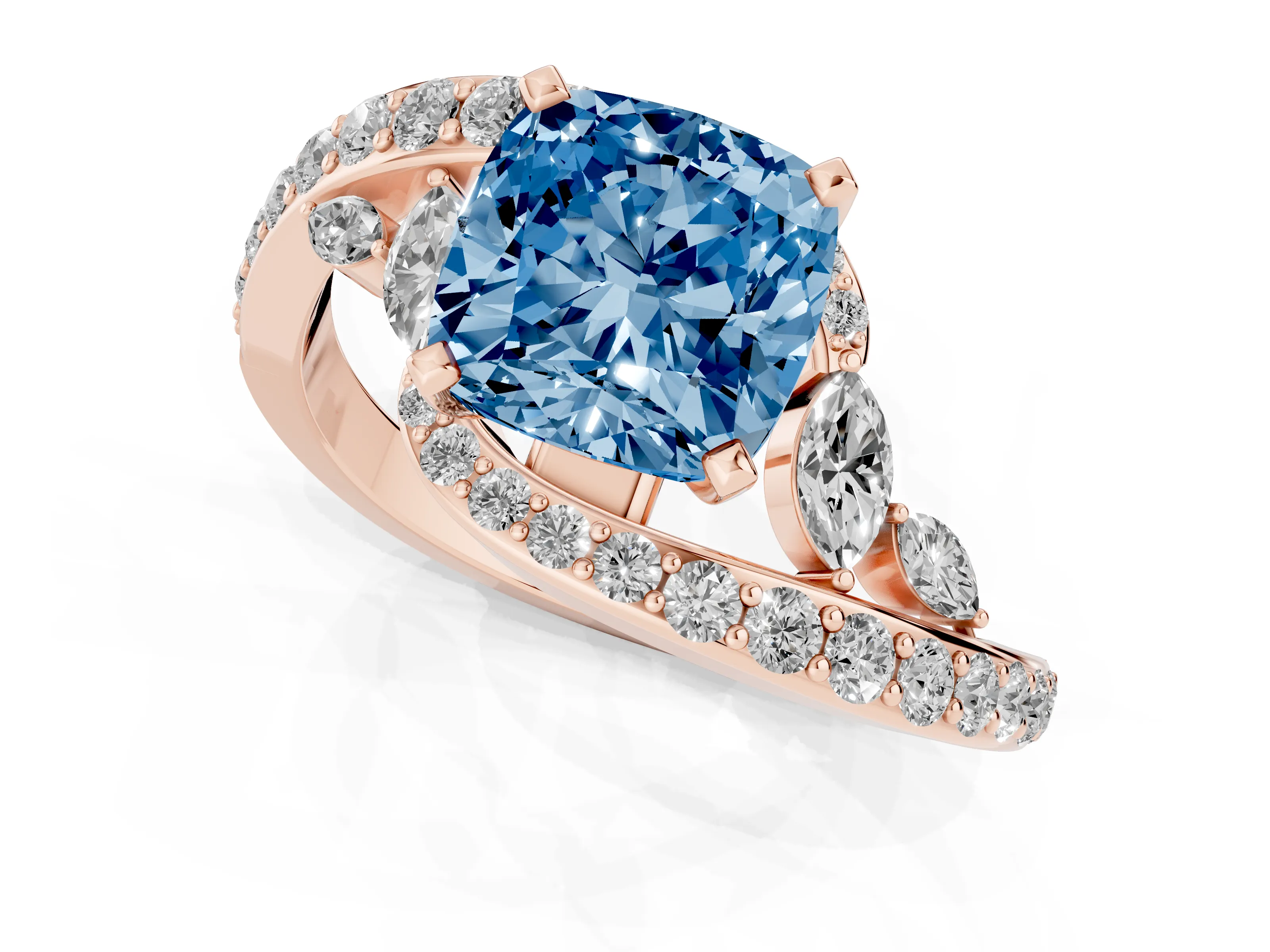 Fancy Blue Cushion Cut Diamond Solitaire Ring Set in Rose gold with Pavé Twist Band and Secure Prong Setting