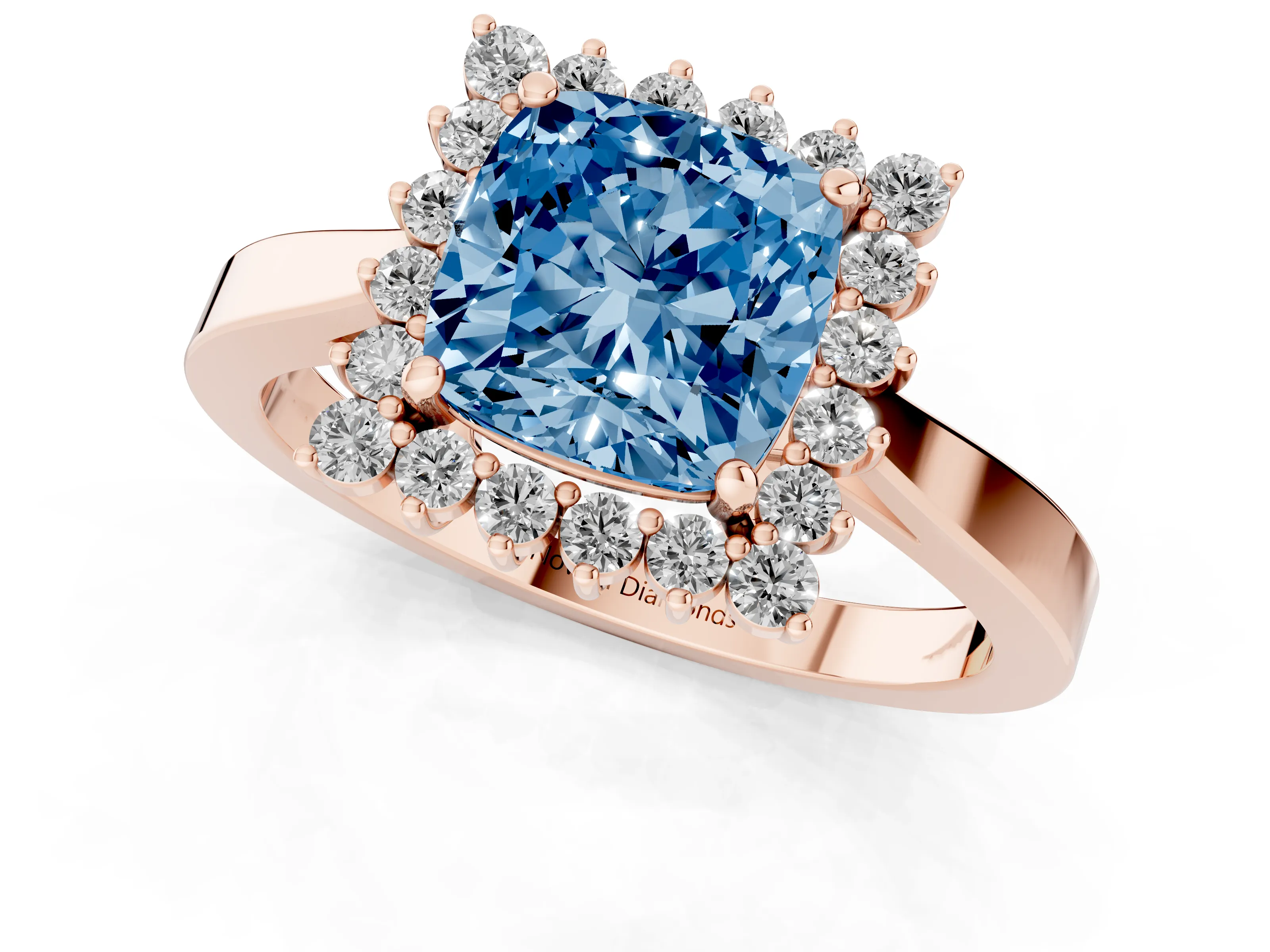 Fancy Blue Cushion Cut Diamond Halo Ring Set in Rose gold with Round Halo and Smooth Solitaire Band