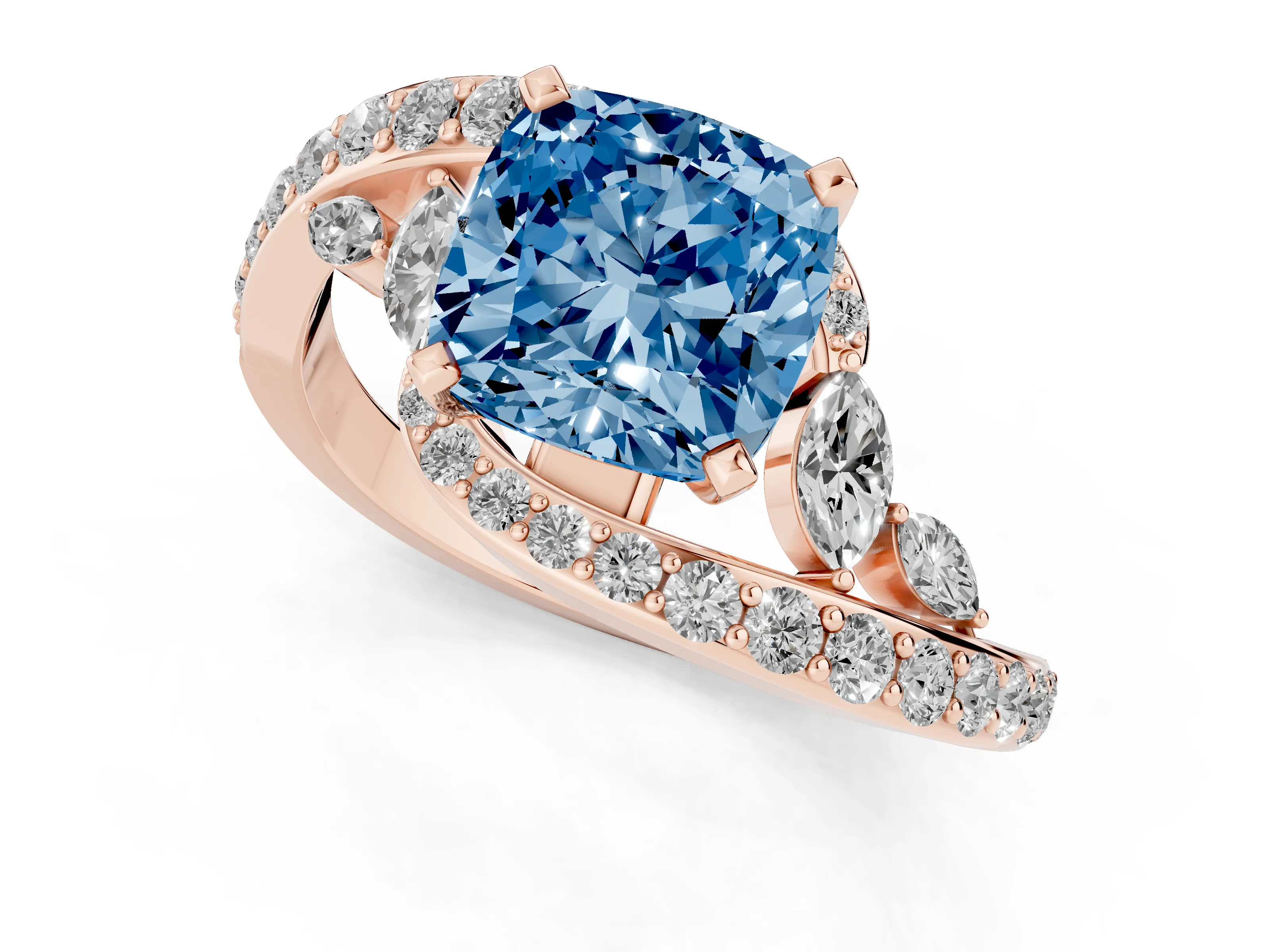 Fancy Blue Cushion Cut Diamond Solitaire Ring Set in Rose gold with Filigree Band and Prong Setting