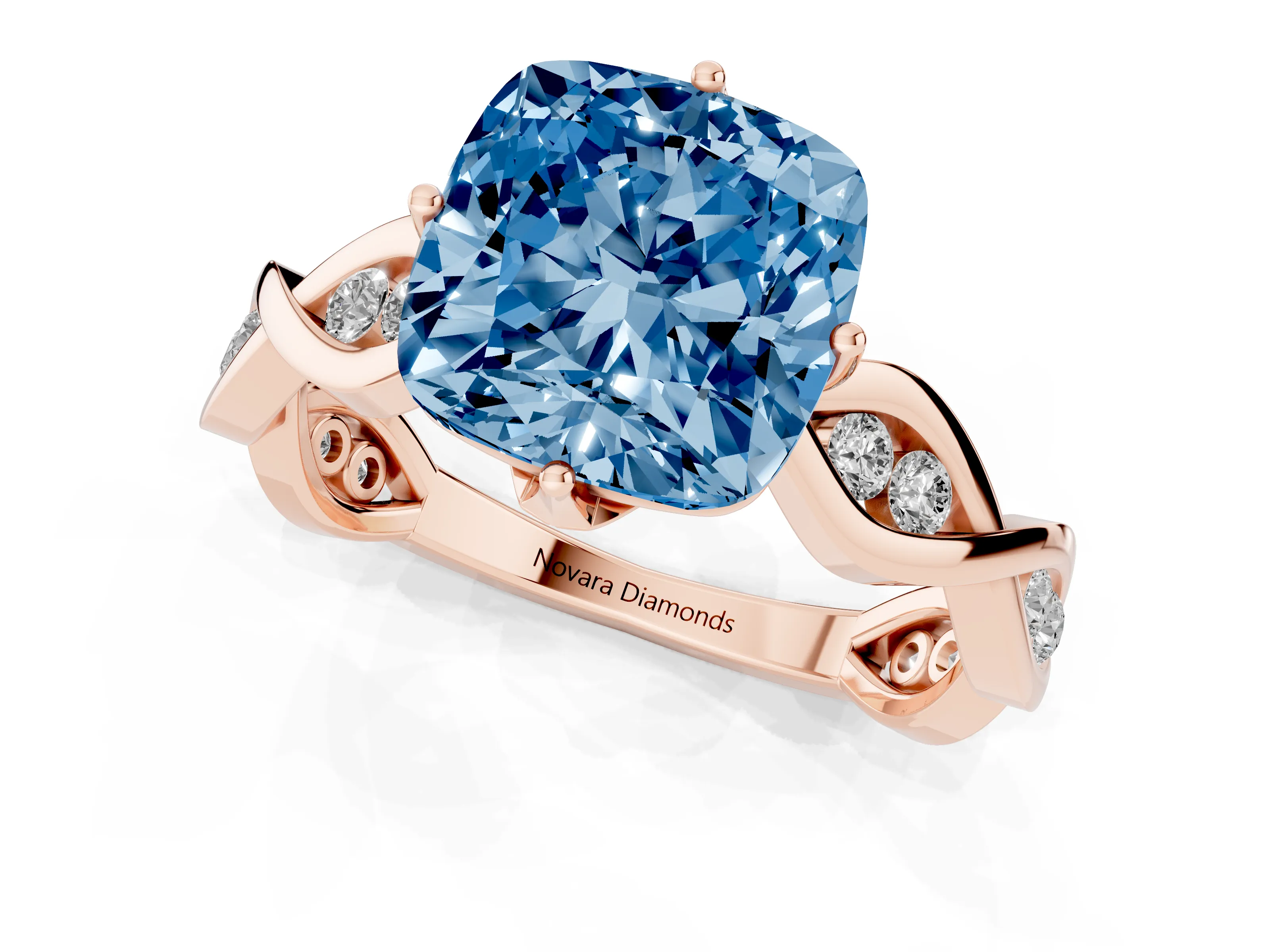 Fancy Blue Cushion Cut Diamond Twist Band Solitaire Ring Set in Rose gold with Leaf Prong Setting and Accent Stones