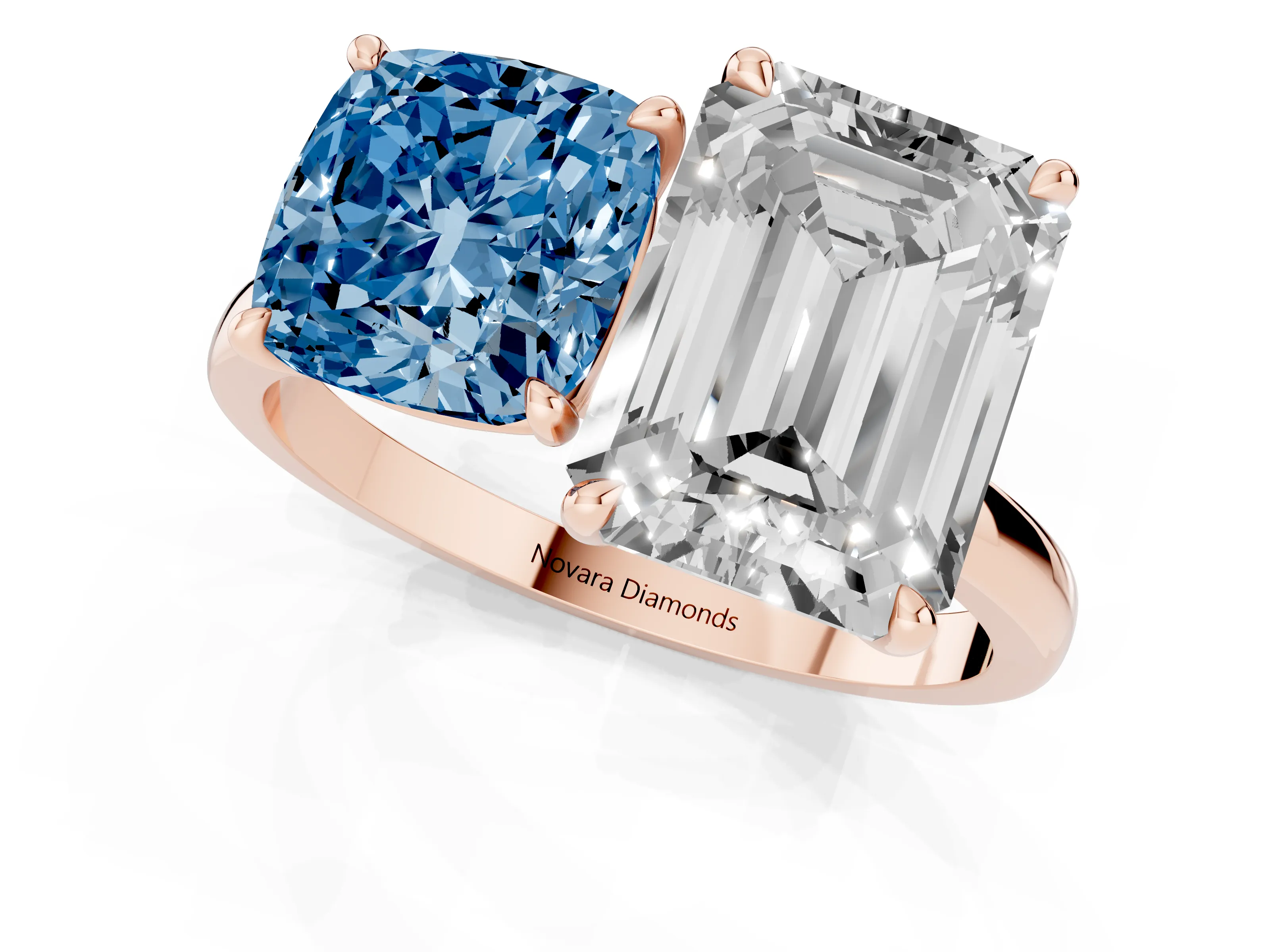 Fancy Blue Cushion Cut and Emerald Cut Toi Moi Ring Set in Rose gold with Prong Setting