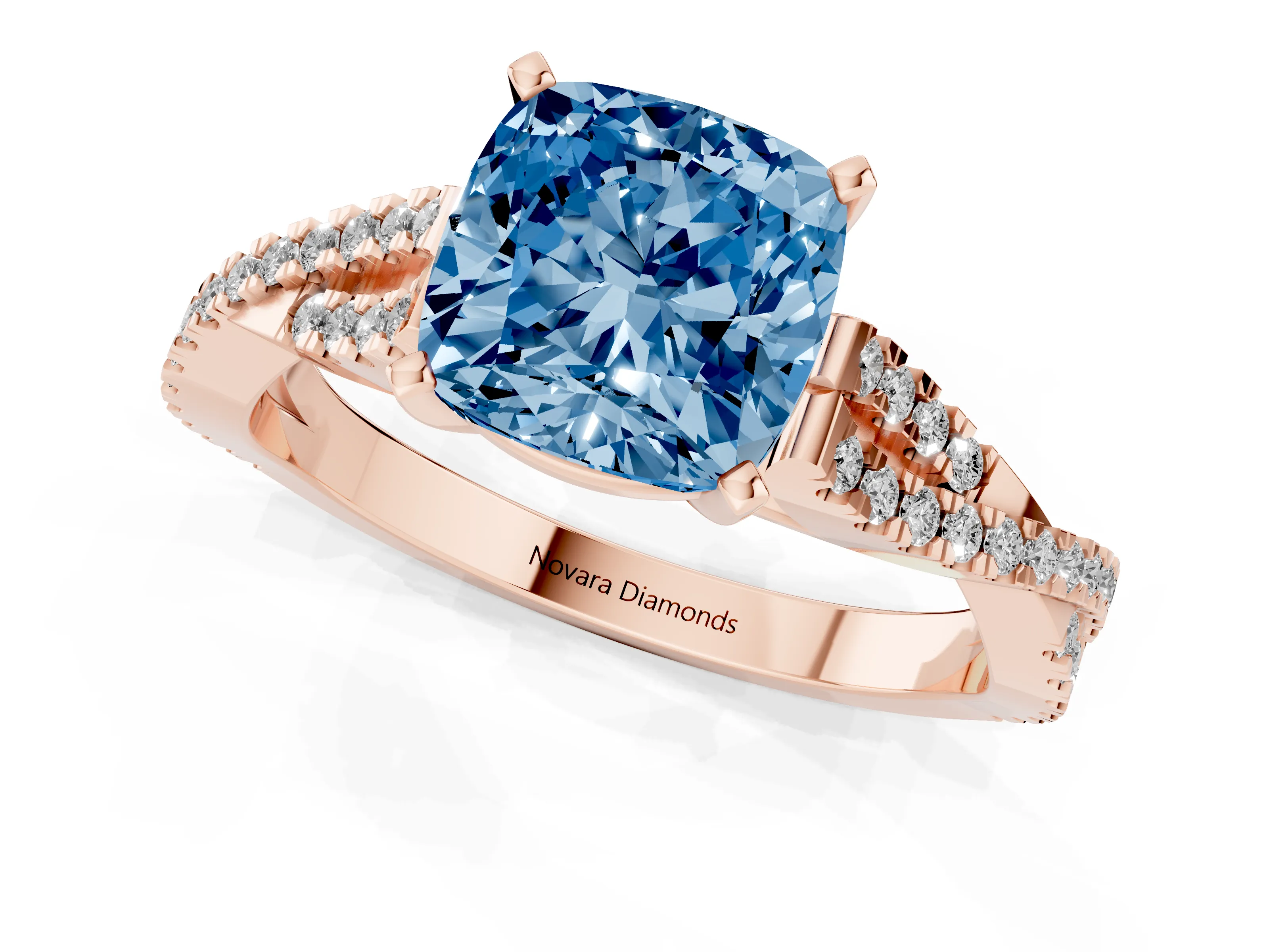 Fancy Blue Cushion Cut Diamond Solitaire Engagement Ring Set in Rose gold with Twisted Pavé Band and Prong Setting