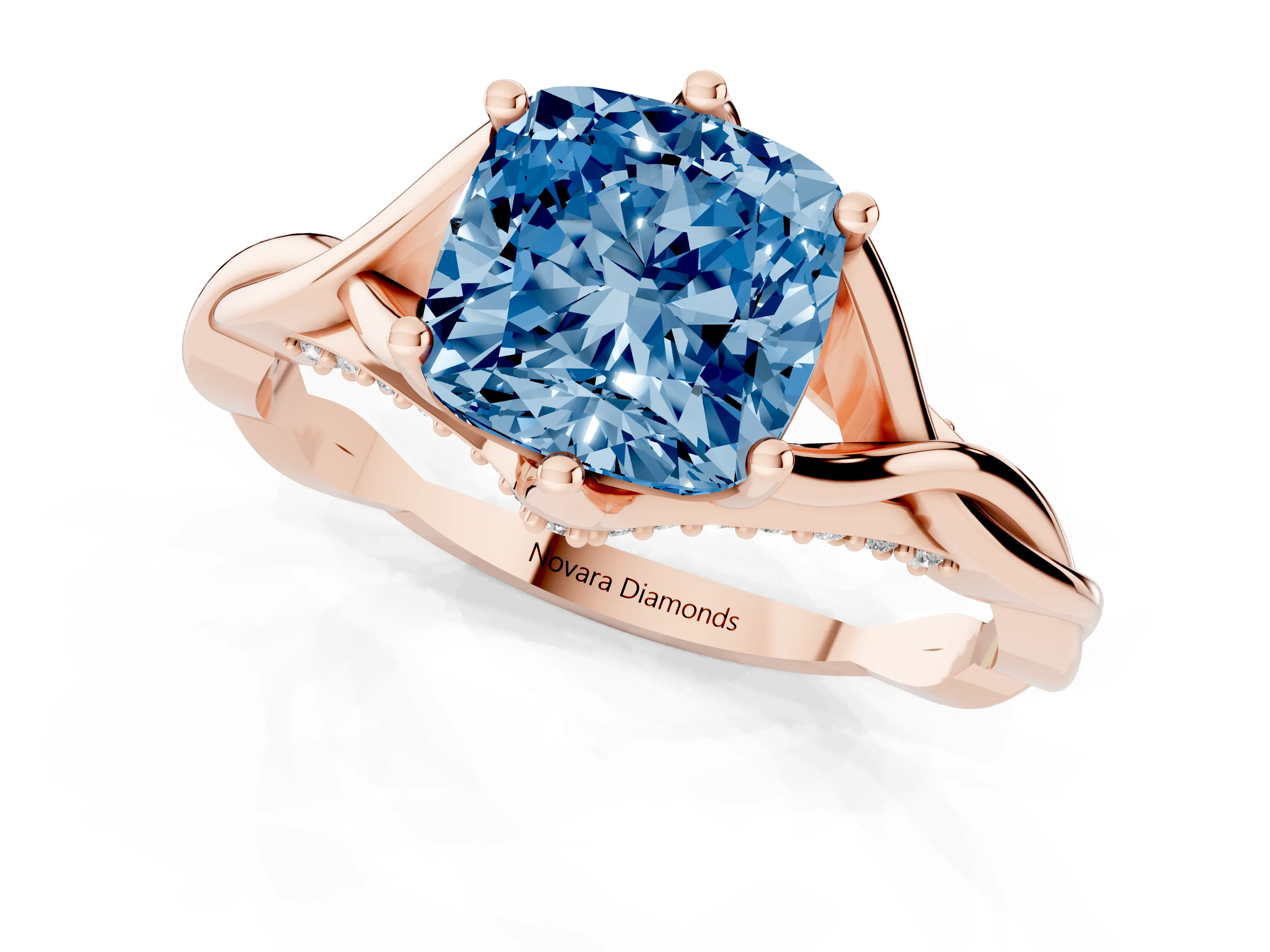 Fancy Blue Cushion Cut Diamond Intertwined Twist Band Solitaire Ring Set in Rose gold with Prong Setting