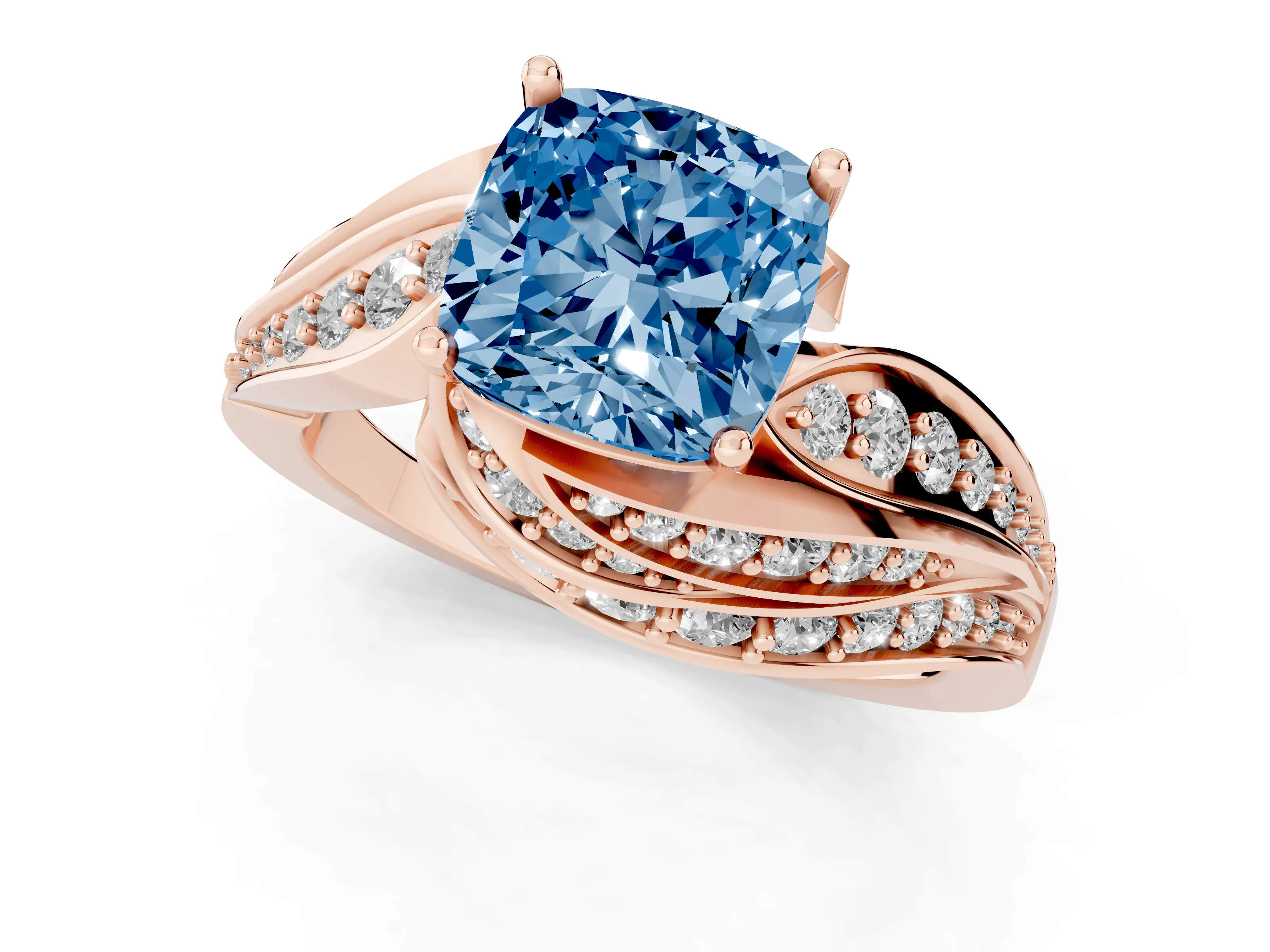 Fancy Blue Cushion Cut Diamond Solitaire Ring Set in Rose gold with Layered Twist Pavé Band