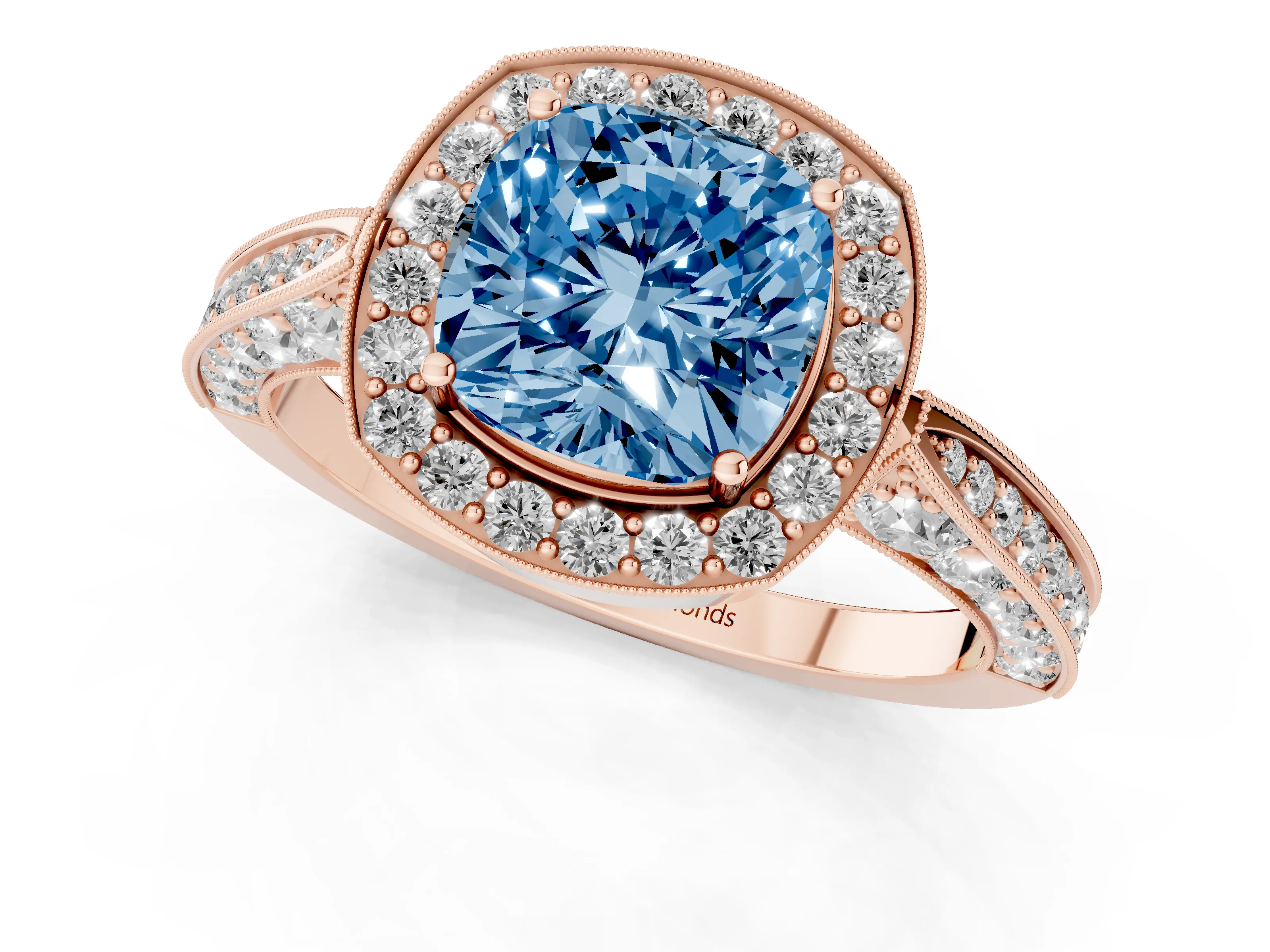 Fancy Blue Cushion Cut Diamond Halo Engagement Ring Set in Rose gold with Accent Split Shank Band