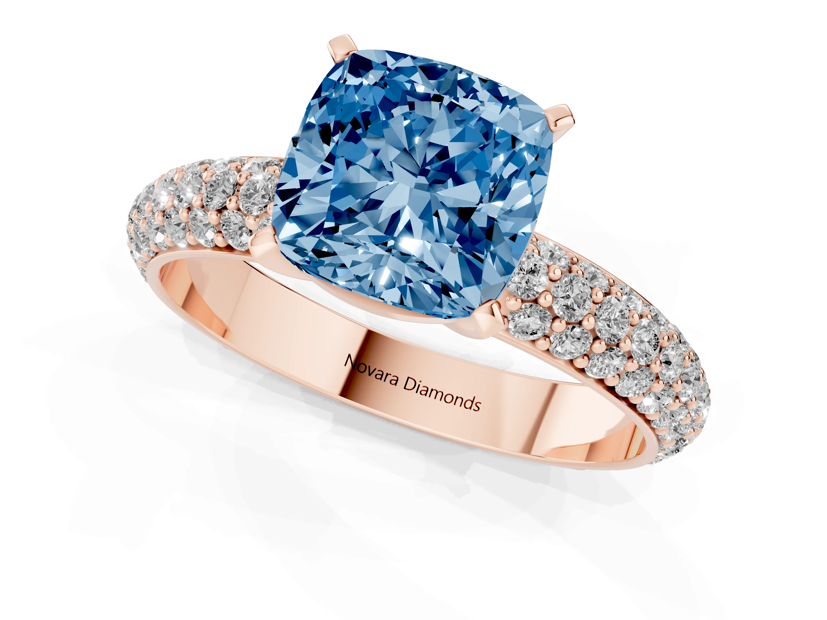 Fancy Blue Cushion Cut Diamond Solitaire Ring Set in Rose gold with Prong Setting and Pavé-Set Band